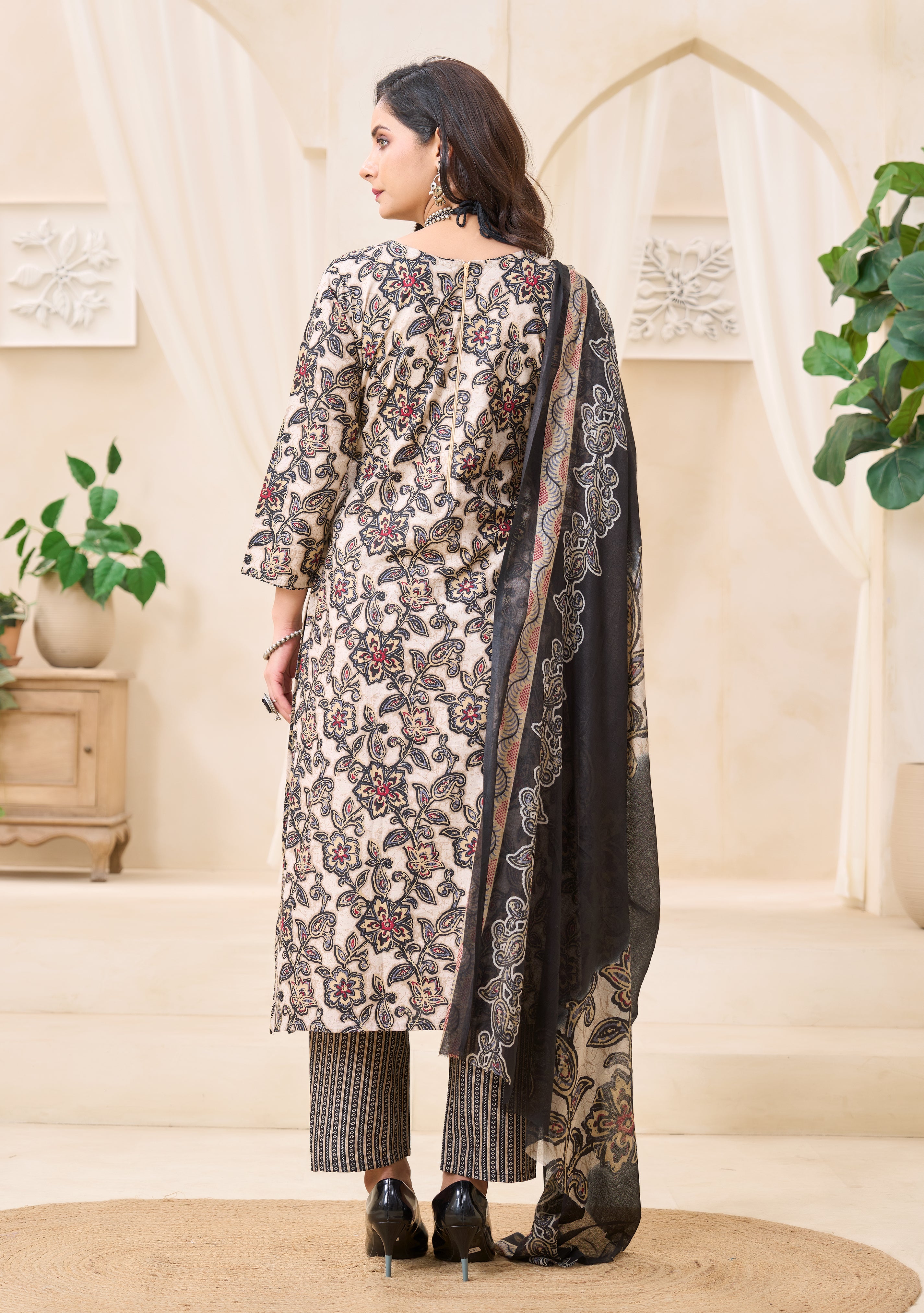 Beige Floral Printed Kurta Set with Dupatta