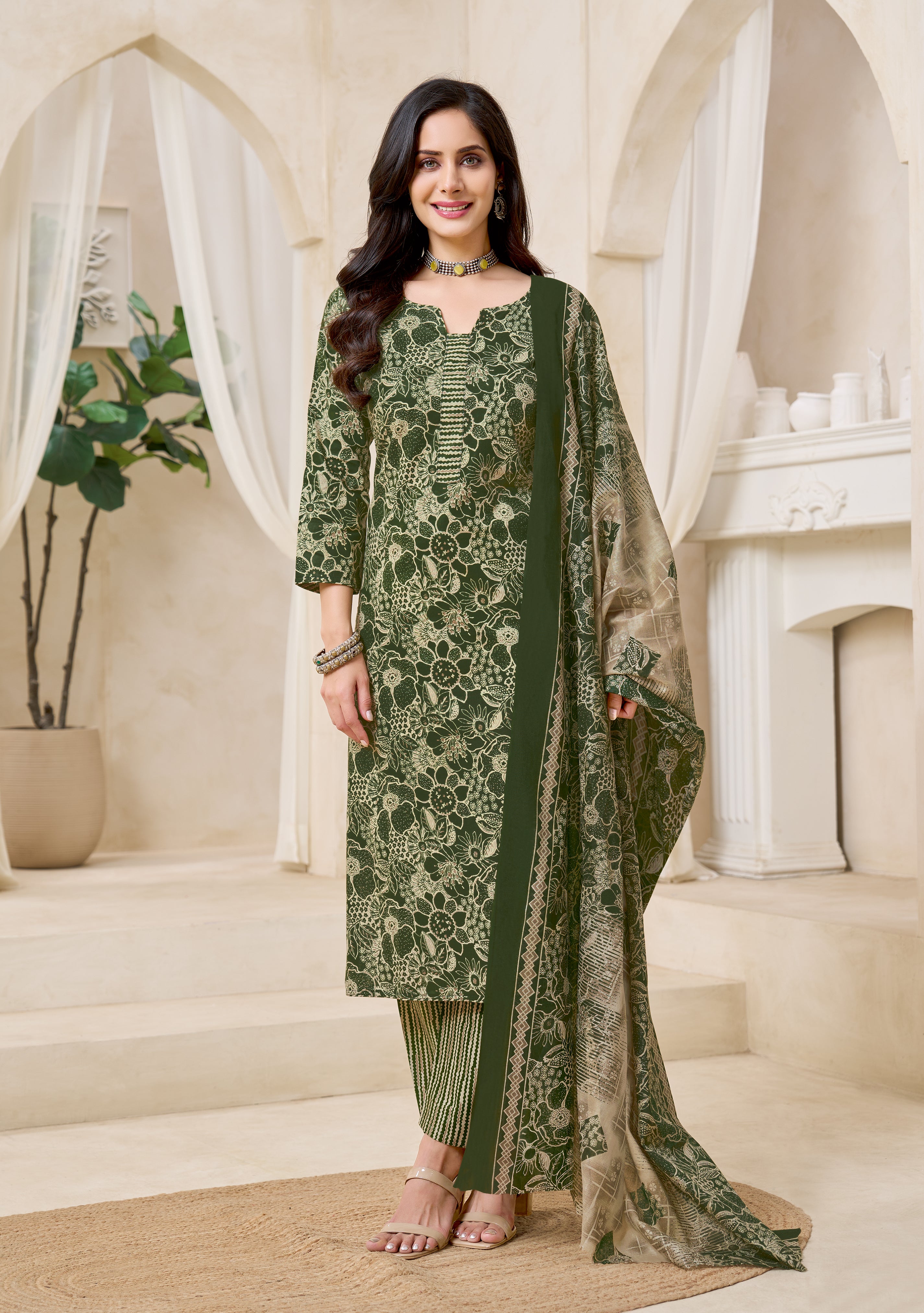 Green Floral Printed Kurta Set with Dupatta