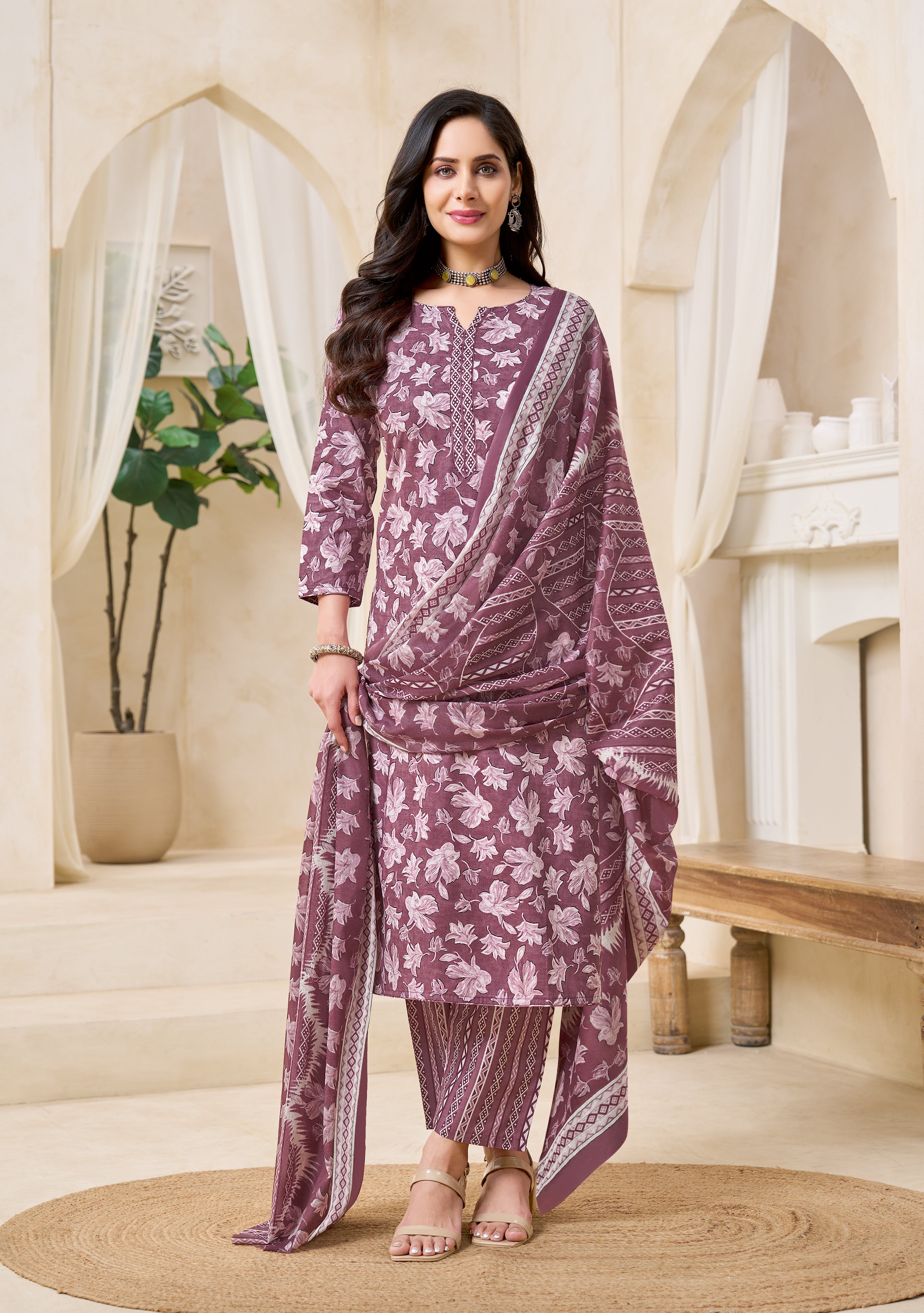 Mauve Floral Printed Kurta Set with Dupatta