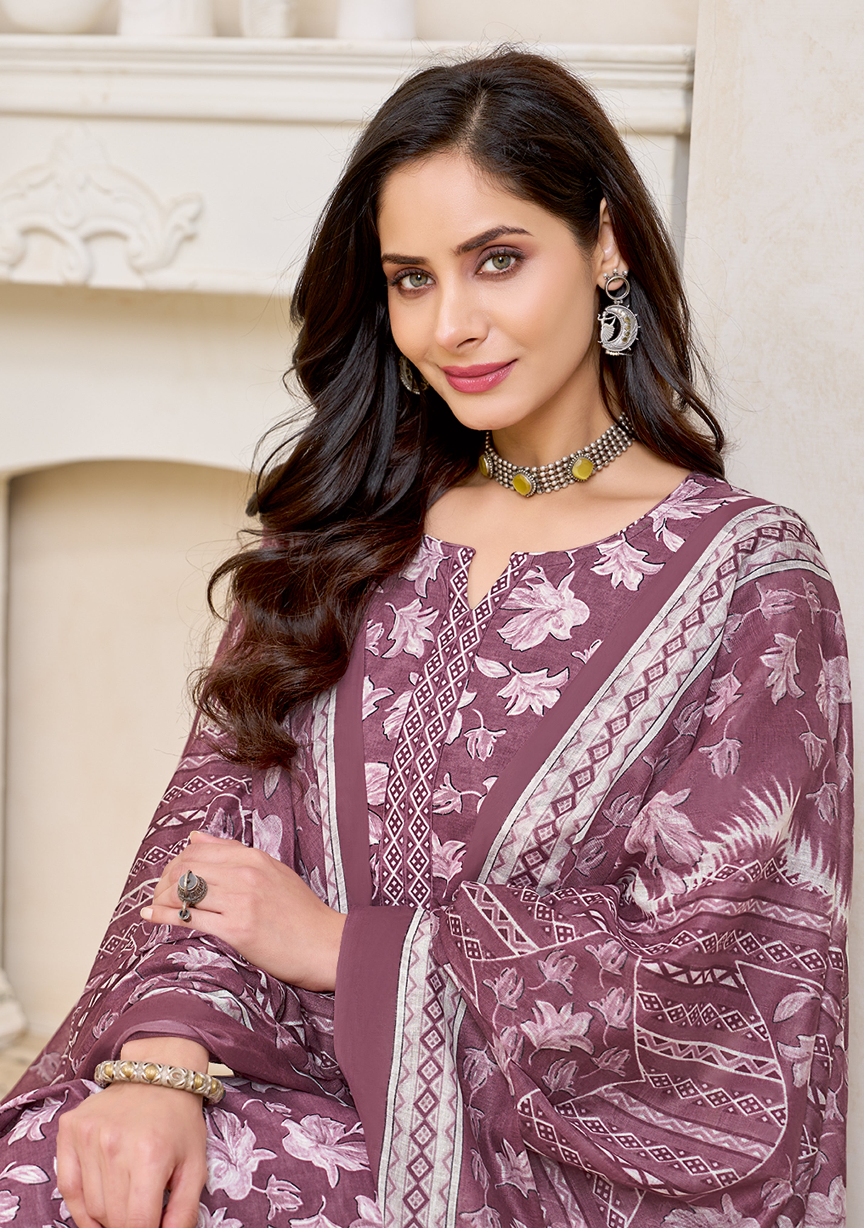 Mauve Floral Printed Kurta Set with Dupatta