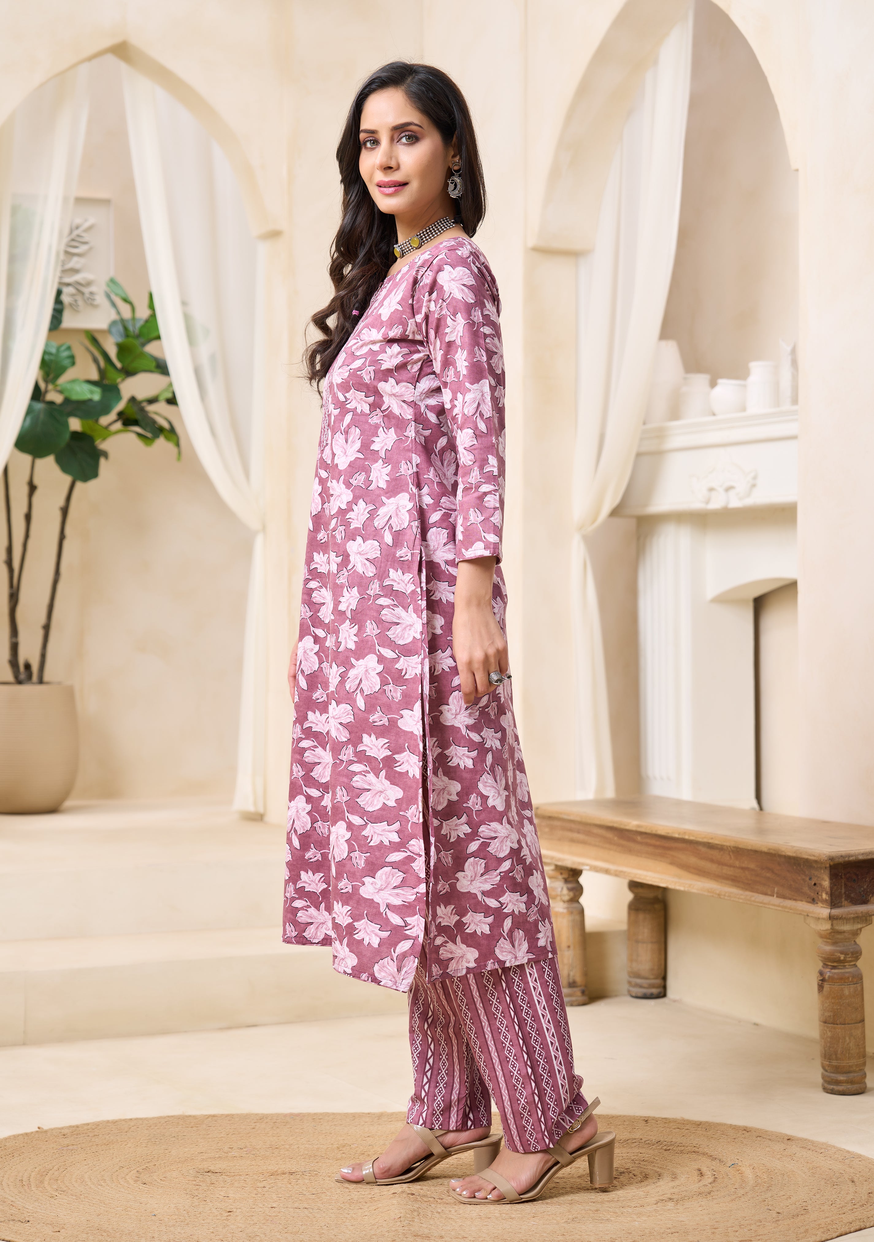 Mauve Floral Printed Kurta Set with Dupatta