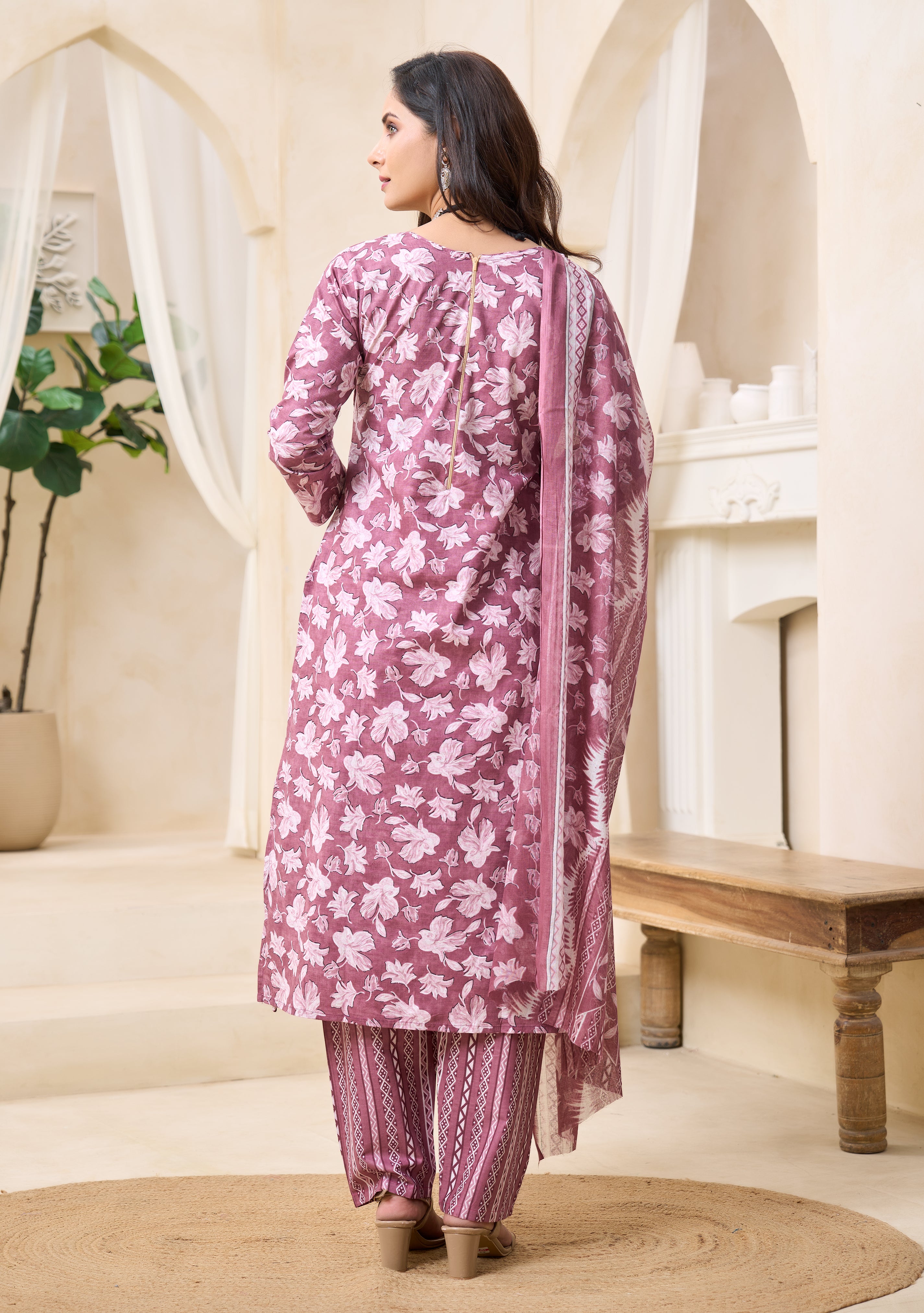 Mauve Floral Printed Kurta Set with Dupatta