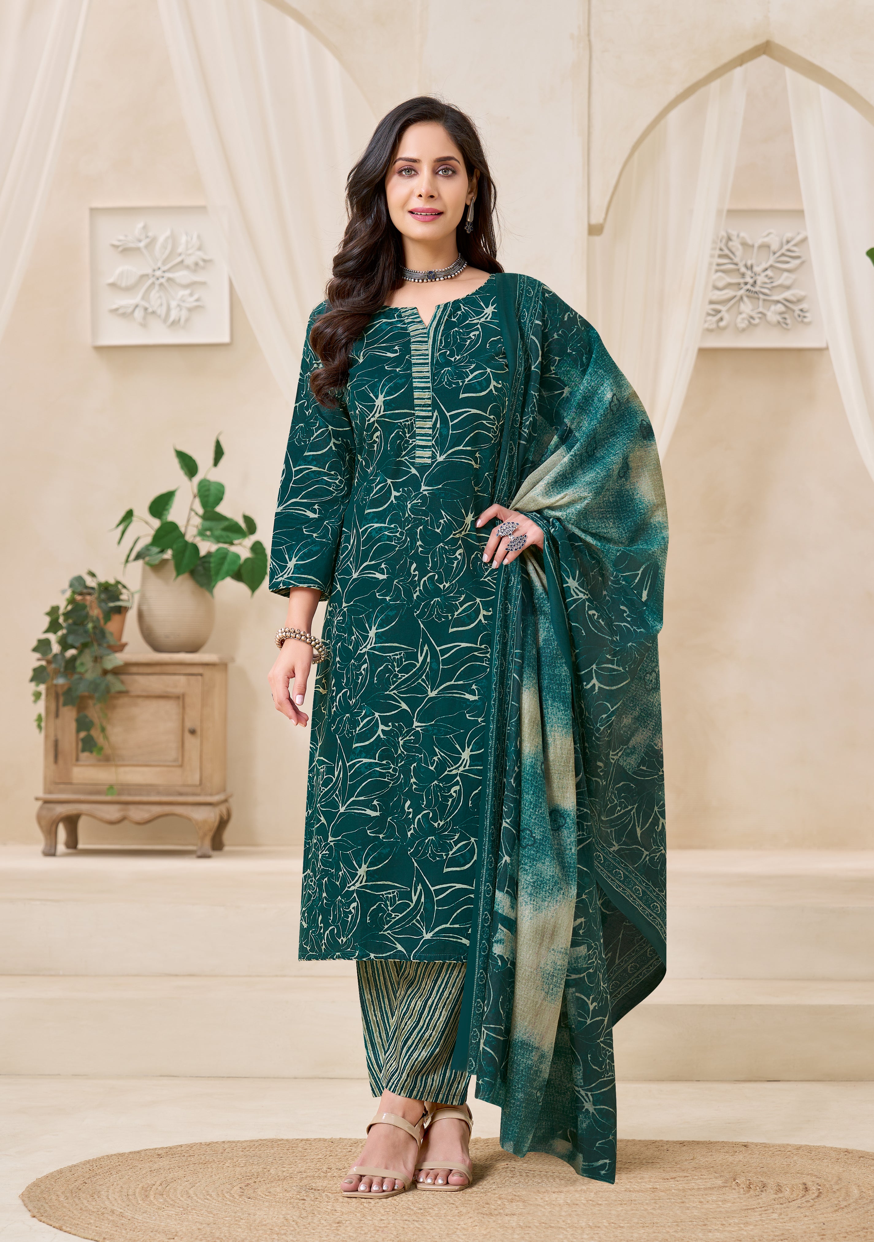 Teal Floral Printed Kurta Set with Dupatta