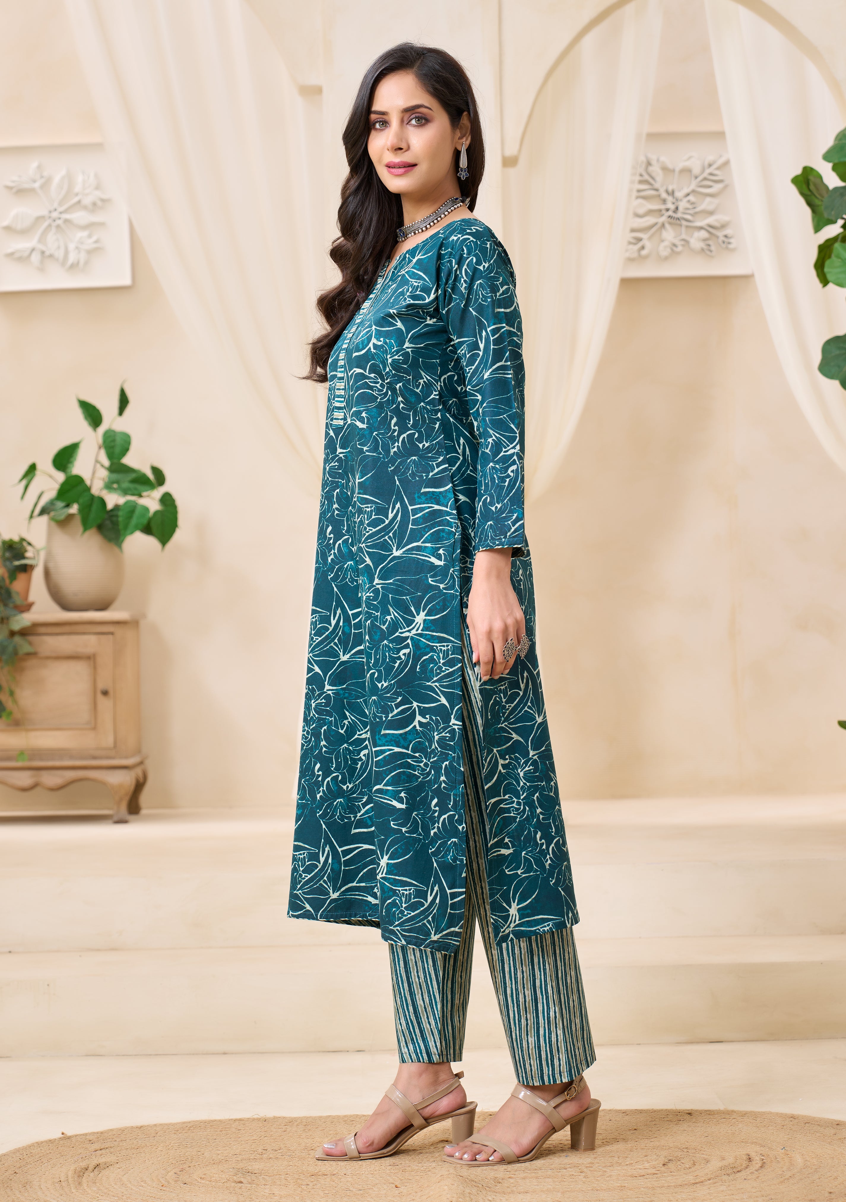 Teal Floral Printed Kurta Set with Dupatta