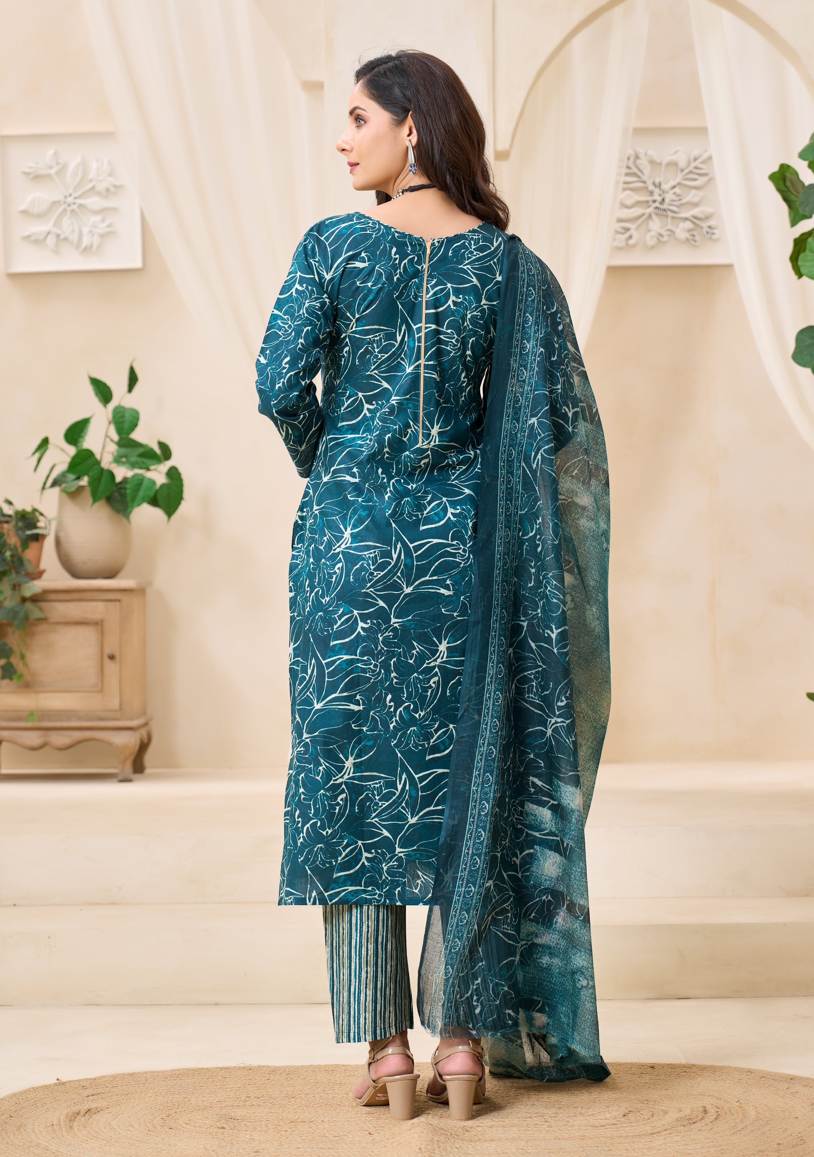 Teal Floral Printed Kurta Set with Dupatta