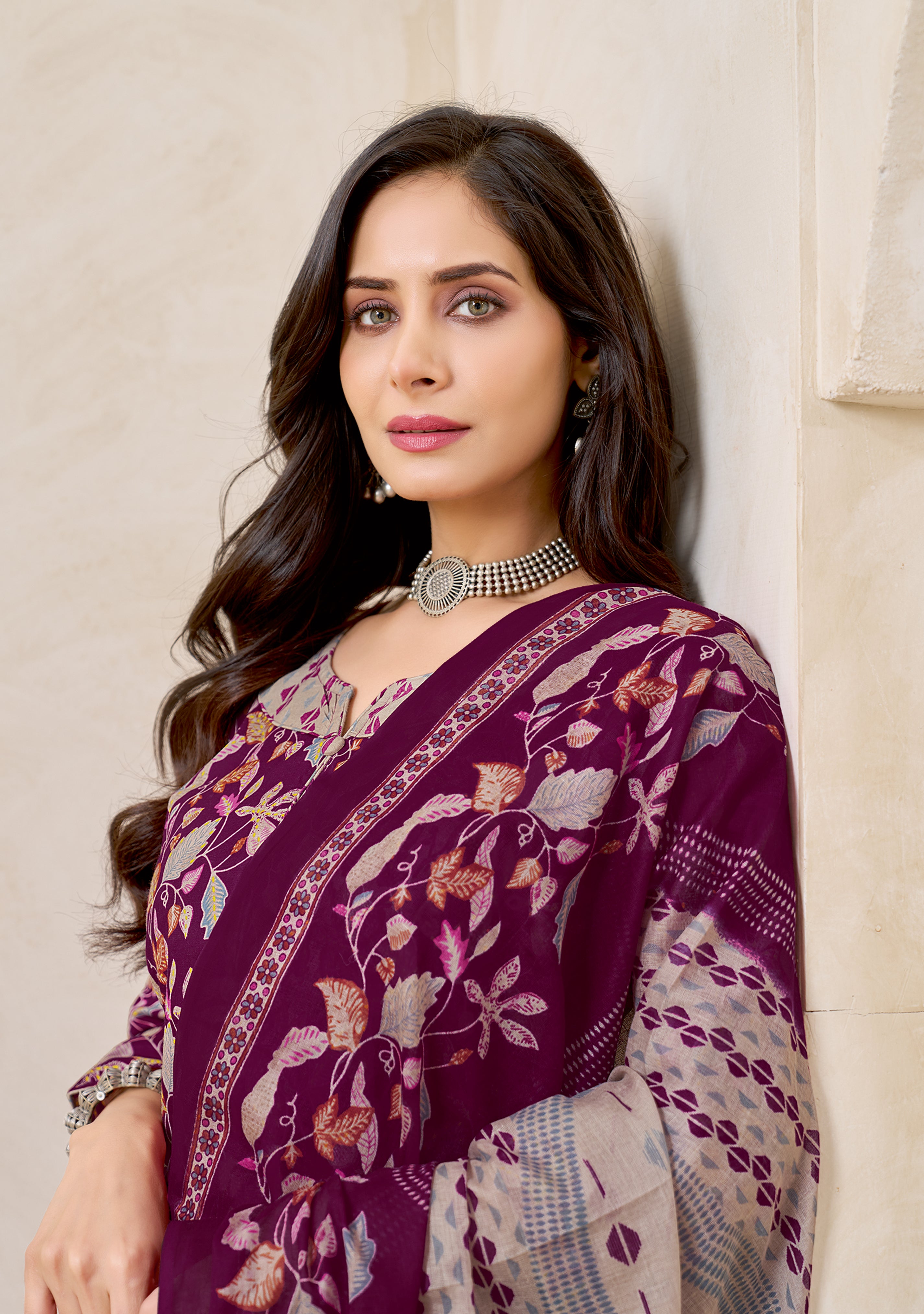 Wine Floral Printed Kurta Set with Dupatta
