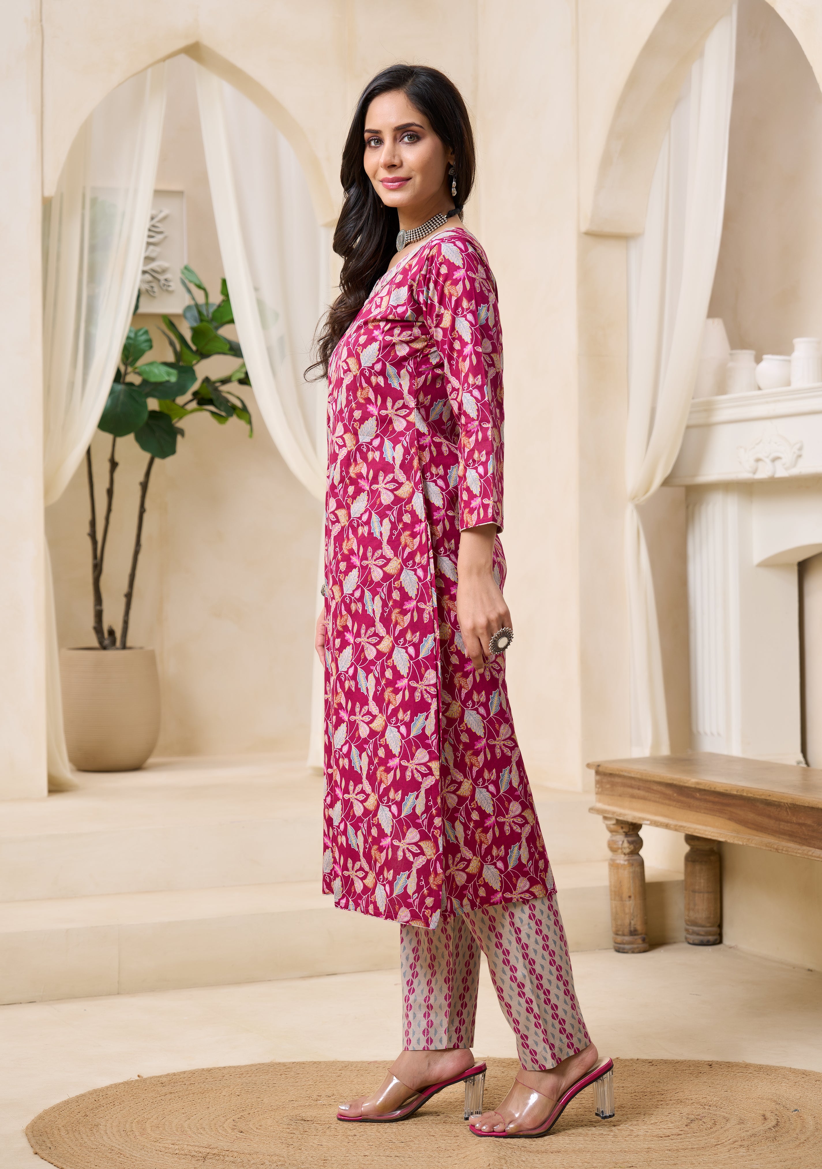 Wine Floral Printed Kurta Set with Dupatta