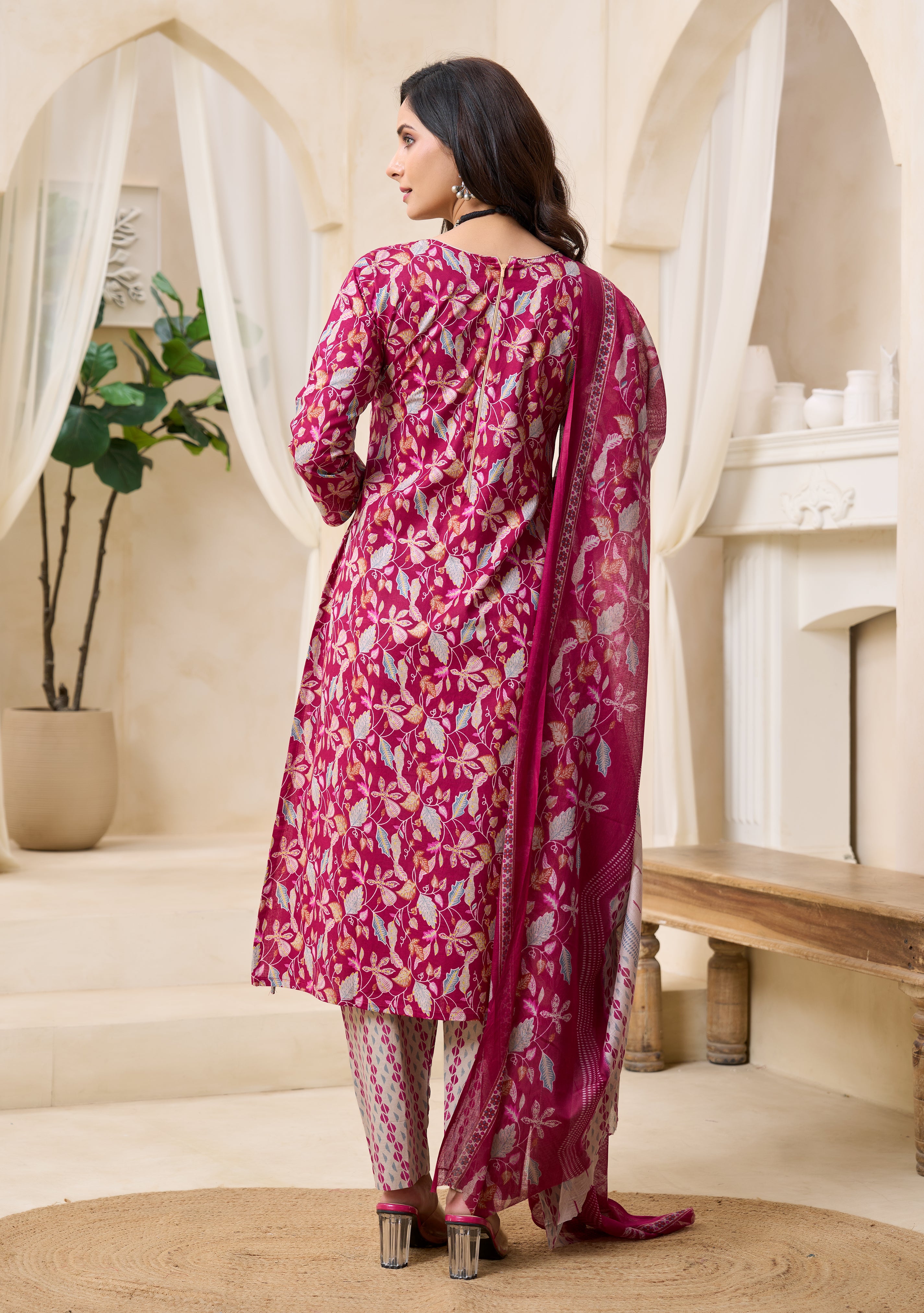 Wine Floral Printed Kurta Set with Dupatta