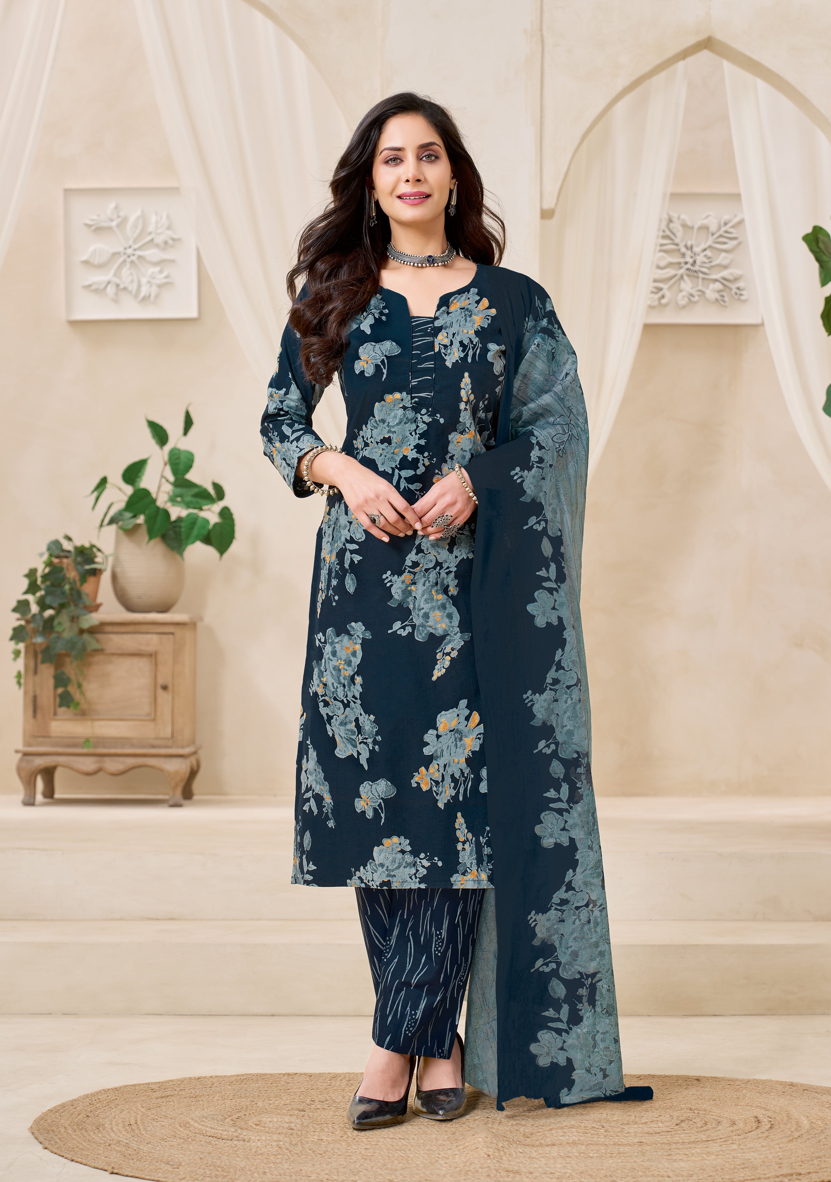 Midnight Blue Floral Printed Kurta Set with Dupatta