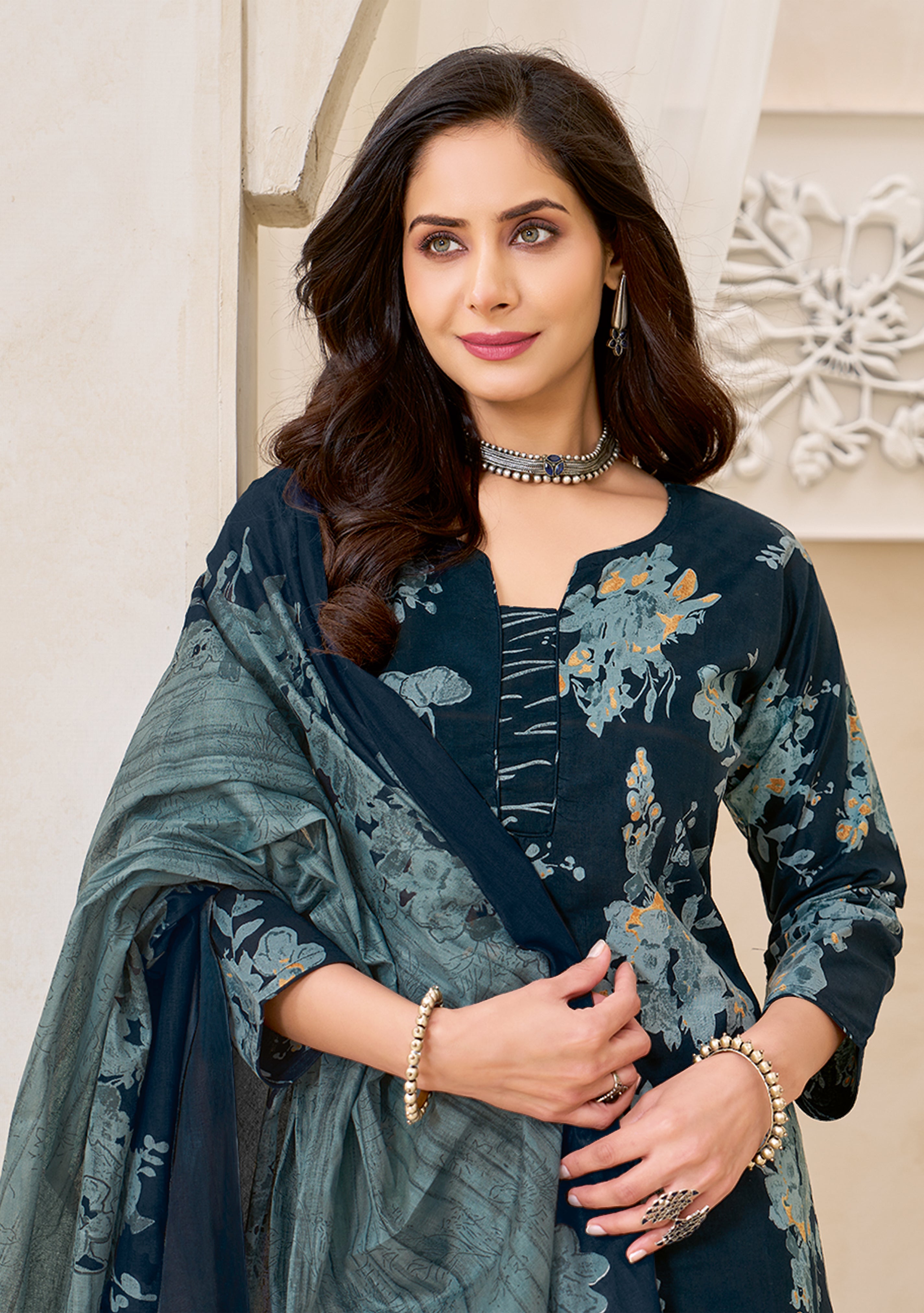 Midnight Blue Floral Printed Kurta Set with Dupatta