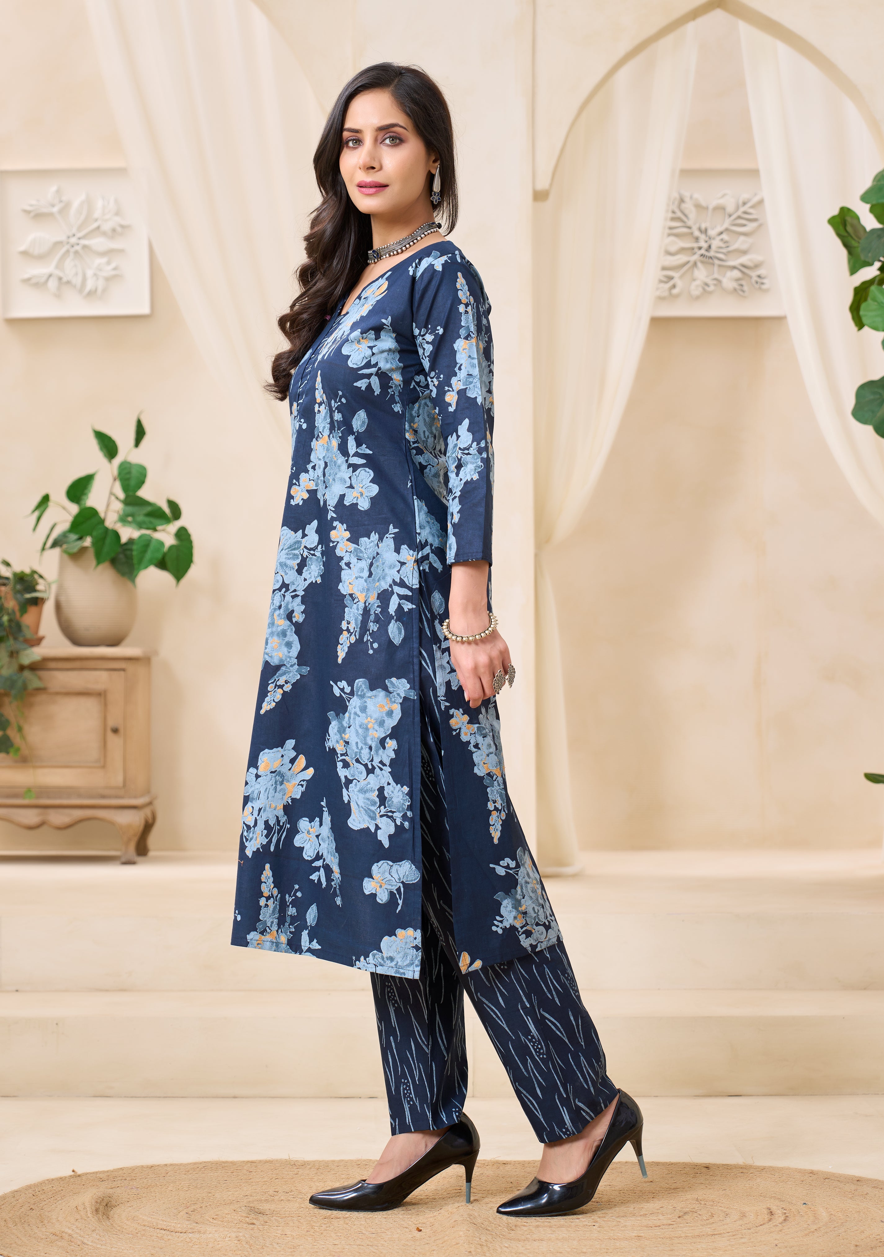 Midnight Blue Floral Printed Kurta Set with Dupatta