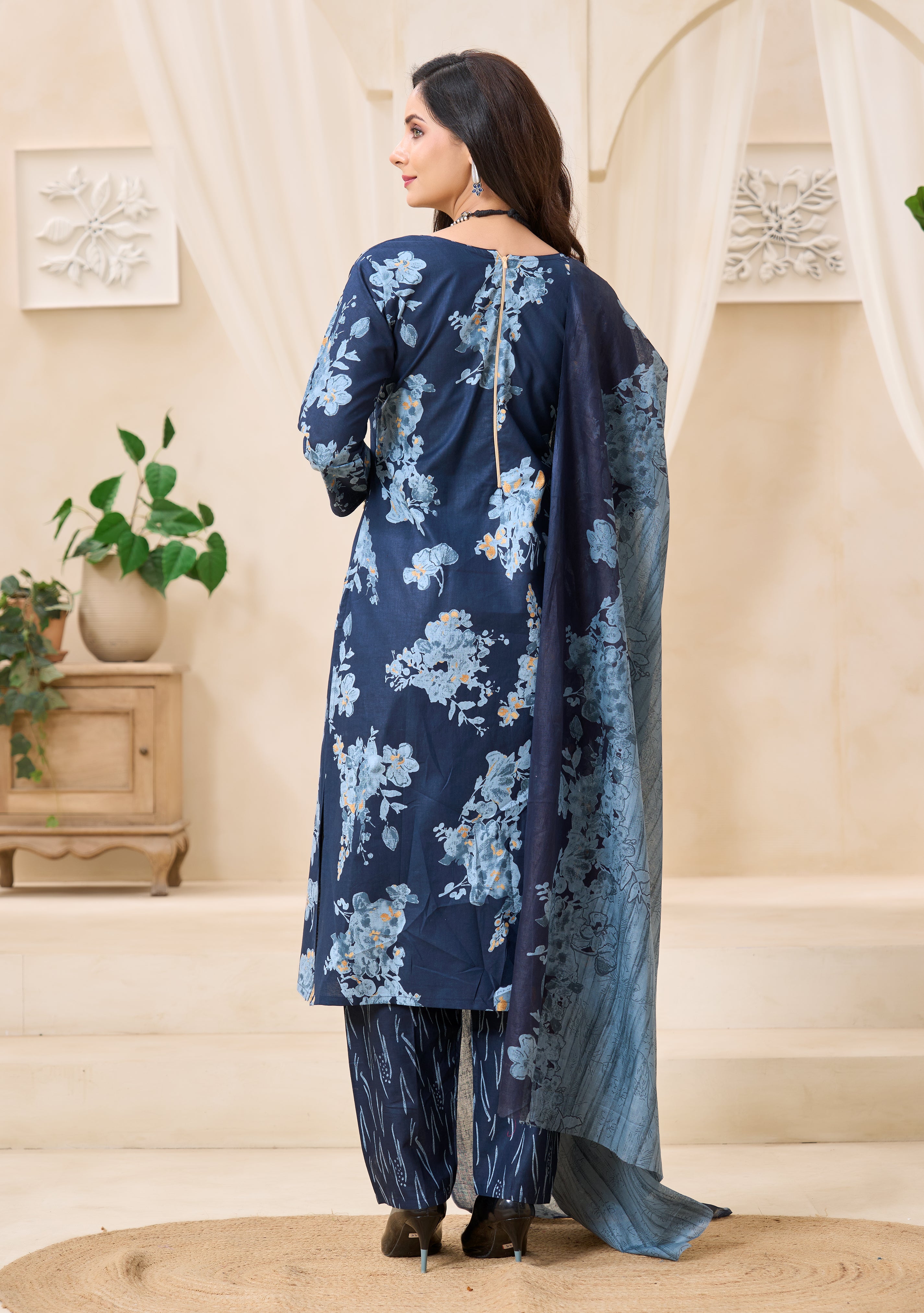 Midnight Blue Floral Printed Kurta Set with Dupatta