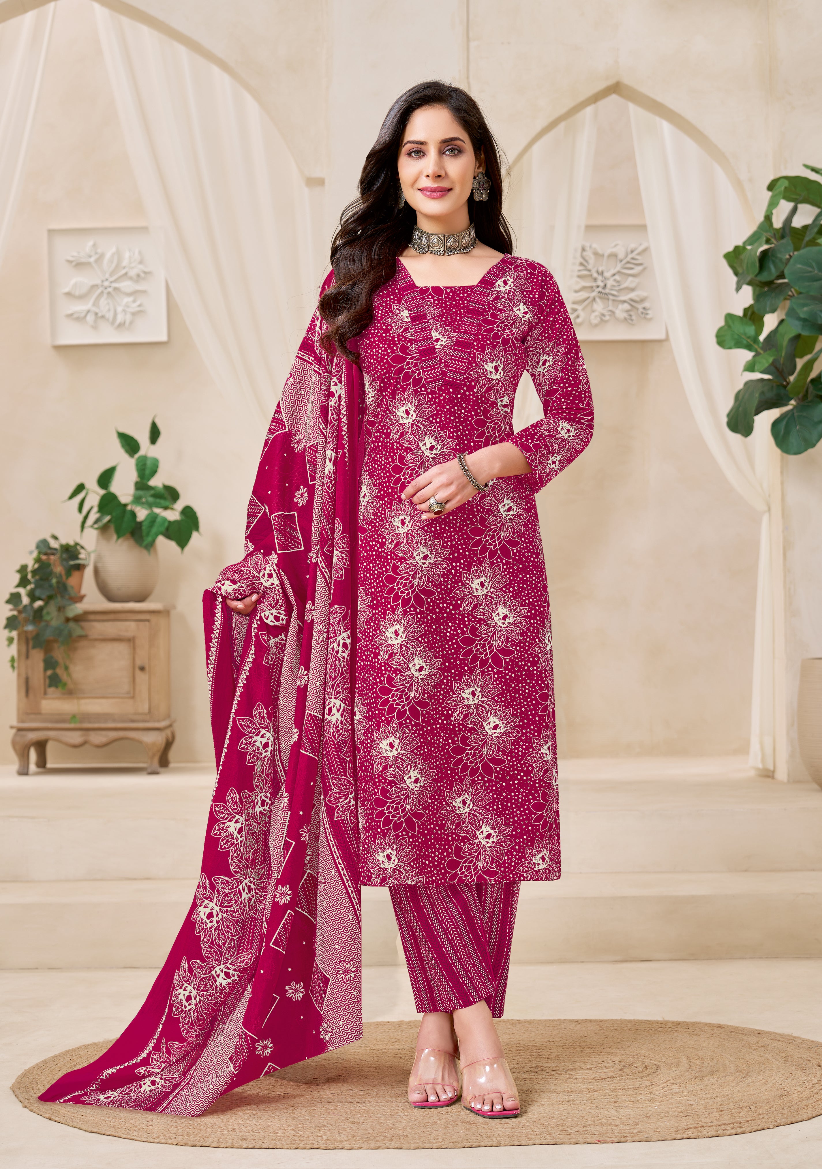 Rani Pink Floral Printed Kurta Set with Dupatta
