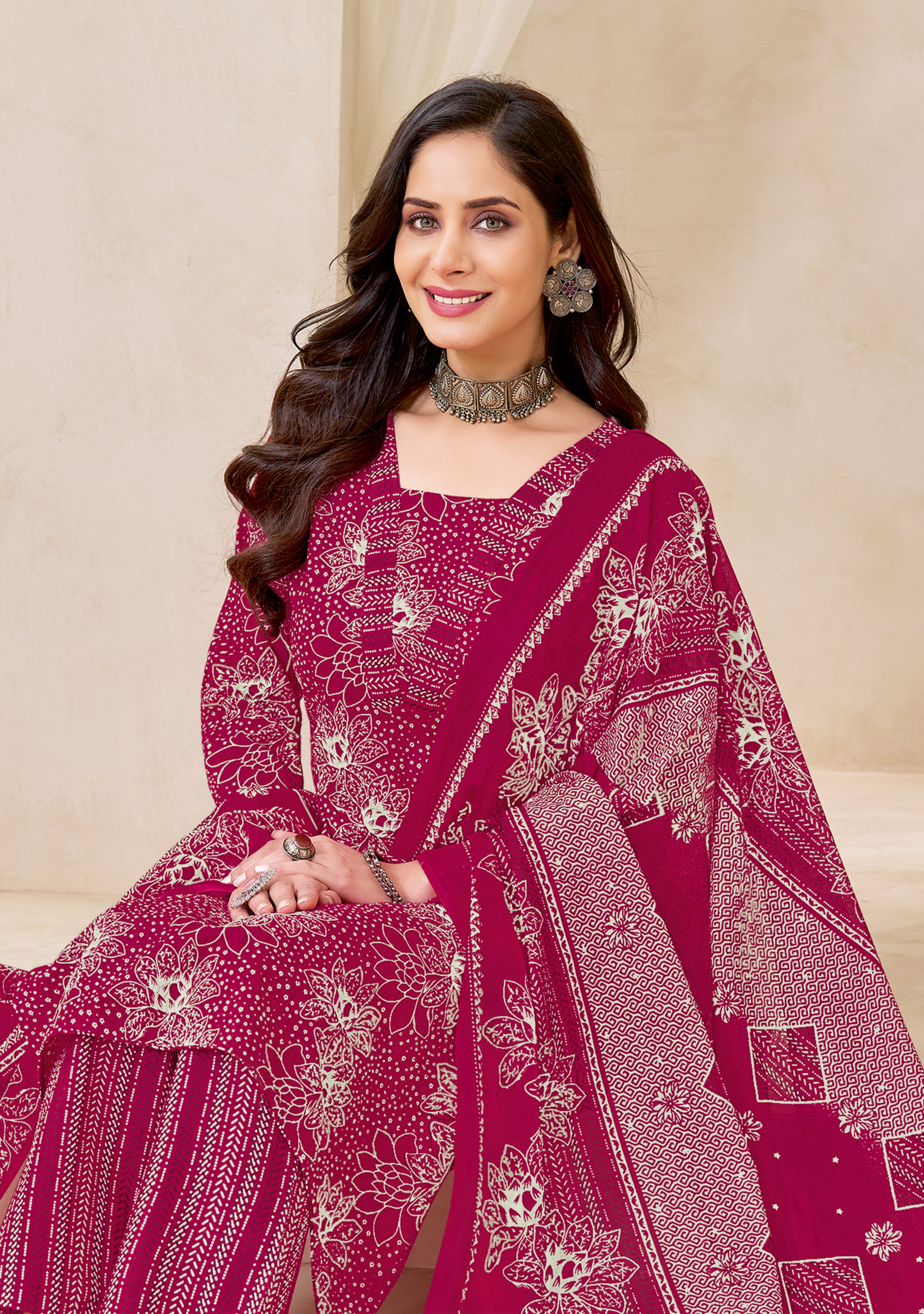 Rani Pink Floral Printed Kurta Set with Dupatta