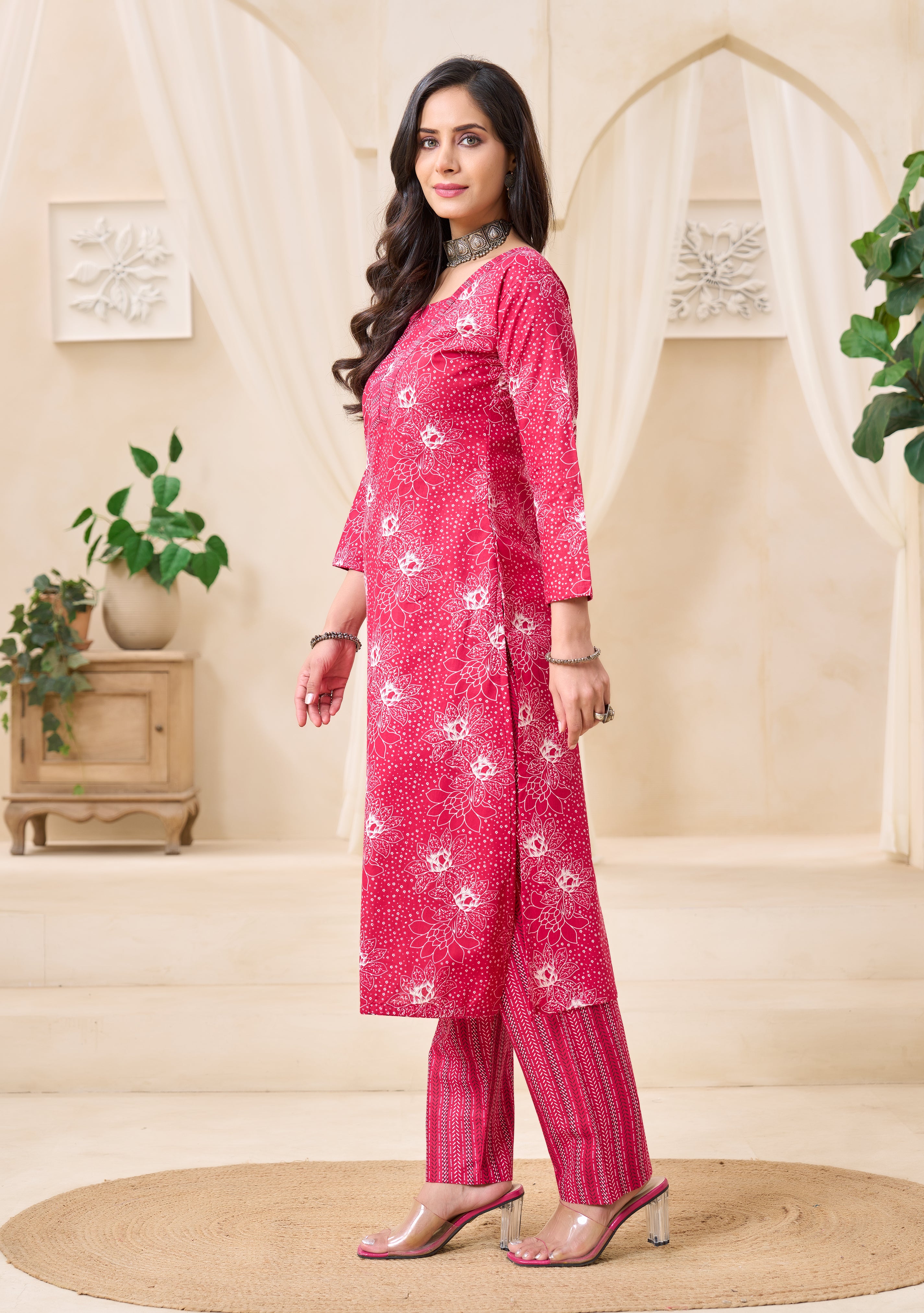 Rani Pink Floral Printed Kurta Set with Dupatta
