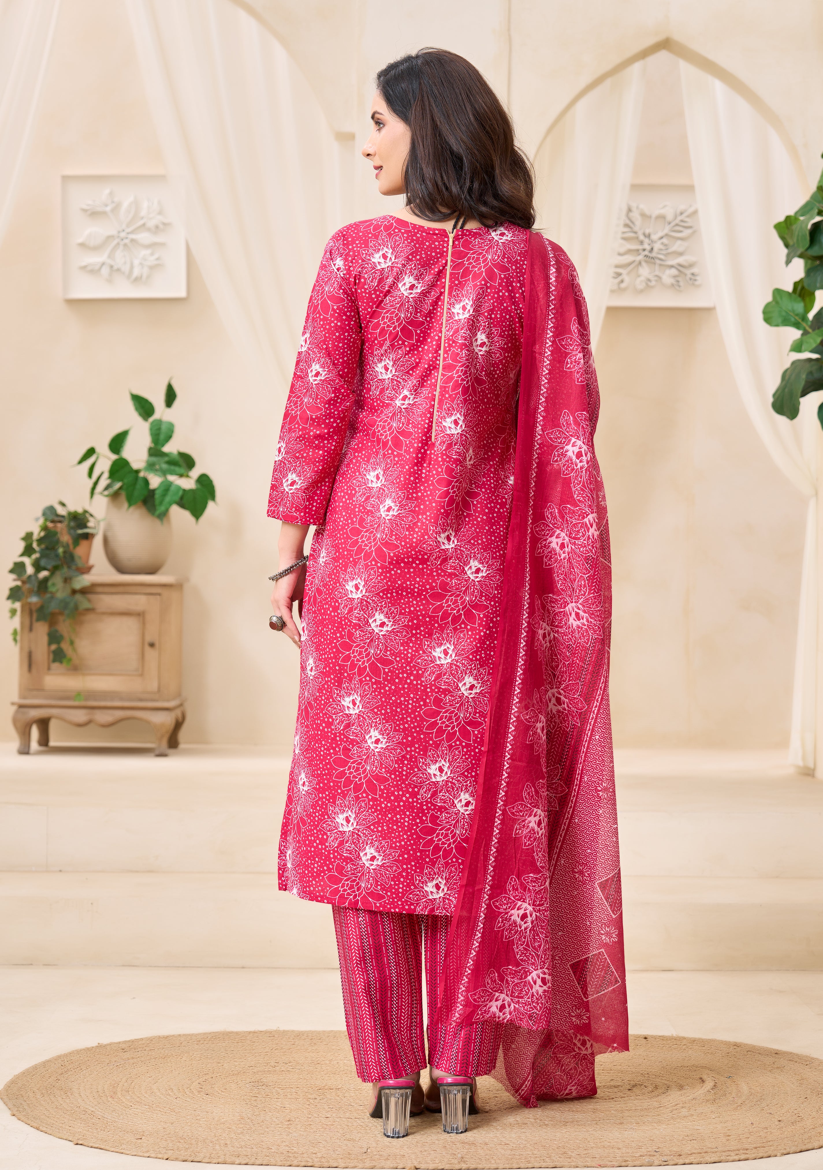 Rani Pink Floral Printed Kurta Set with Dupatta