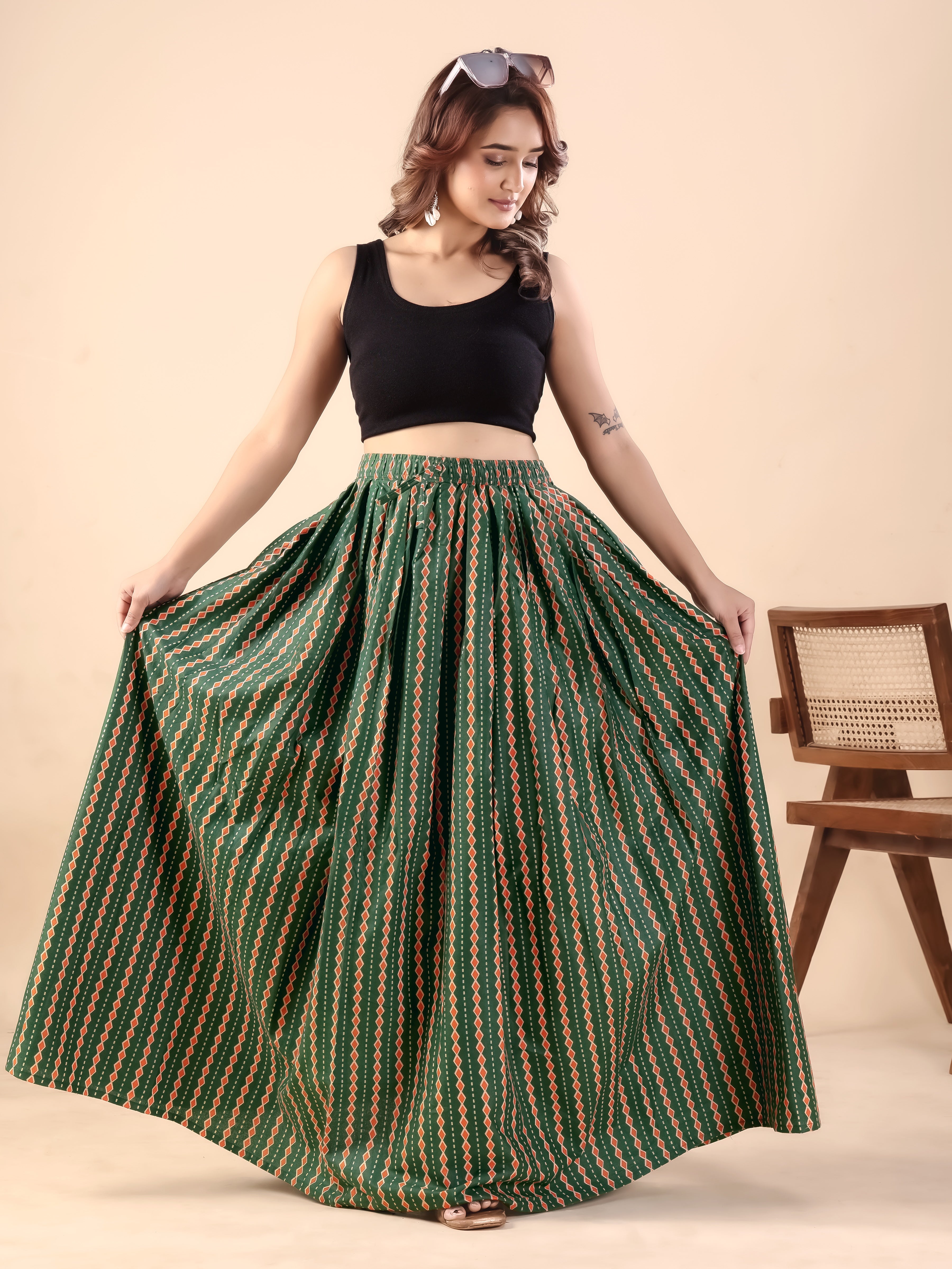 Green Geometric Printed Flared Skirt