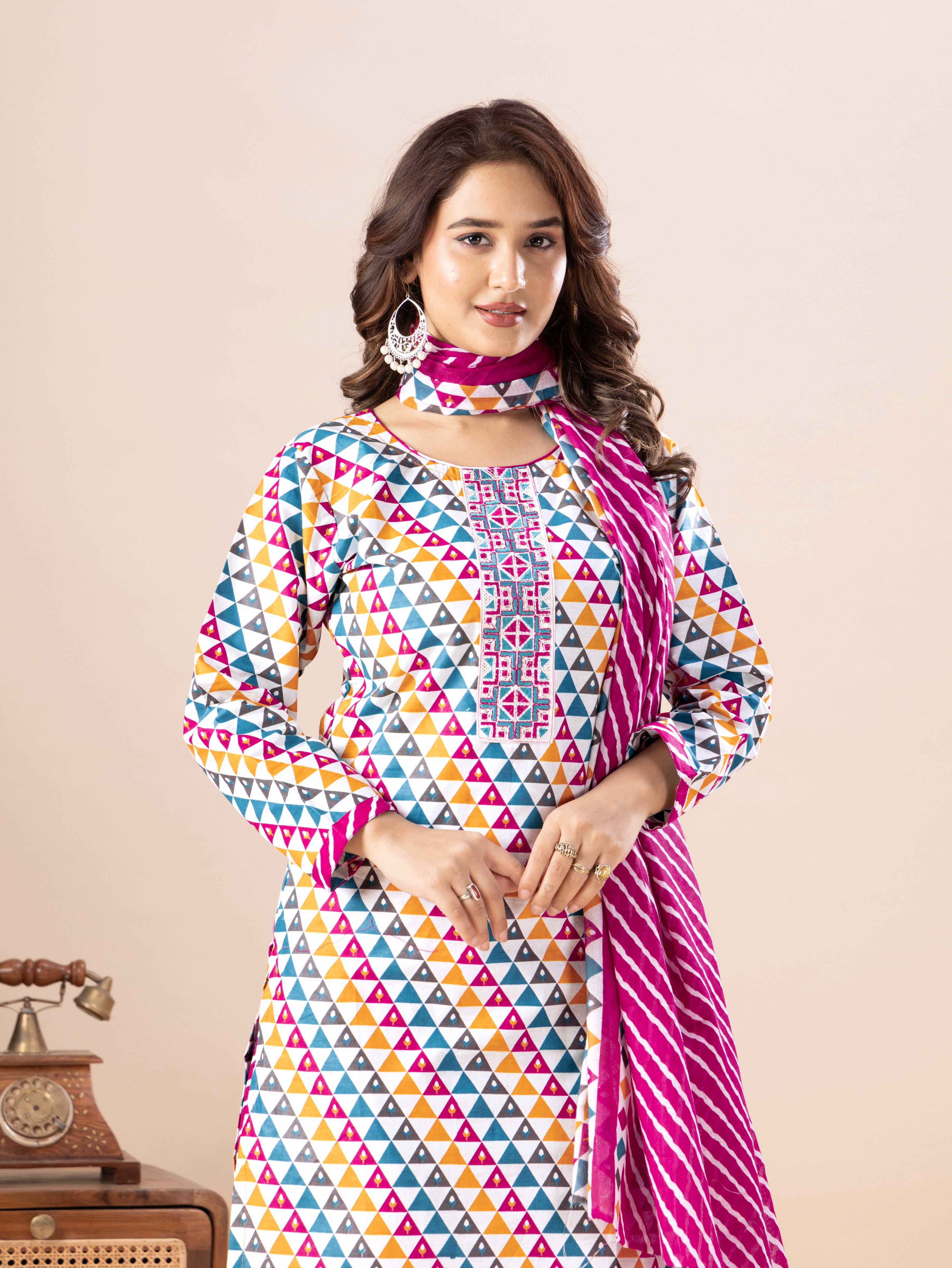Multicolor Triangle Print Patiala Suit Set