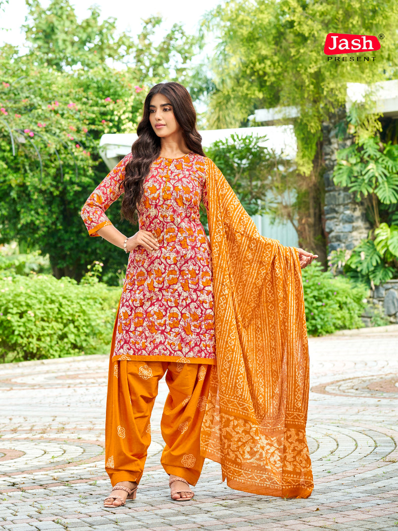 Orange Floral Patiala Suit with Dupatta
