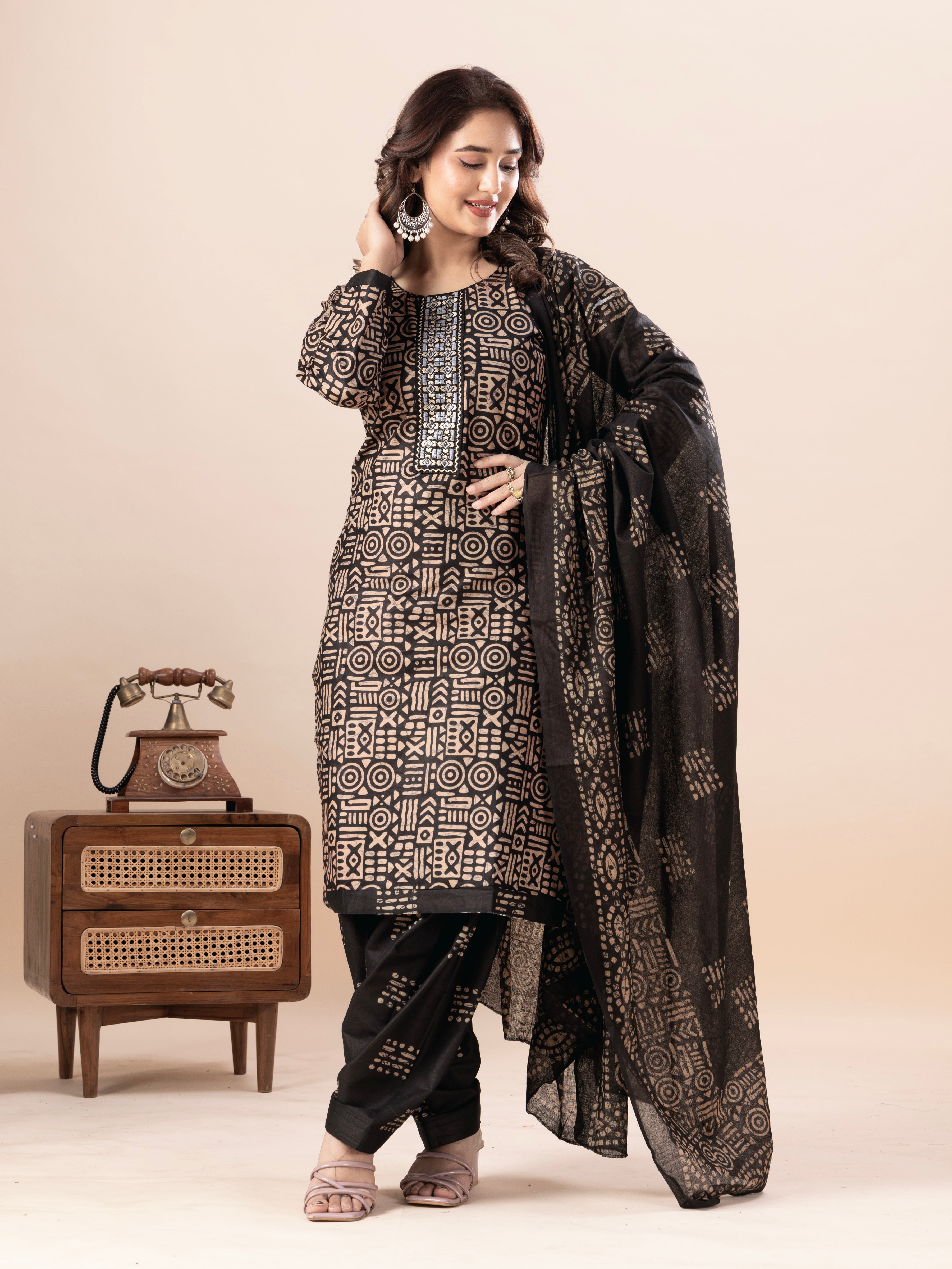 Black Tribal Print Patiala Suit Set