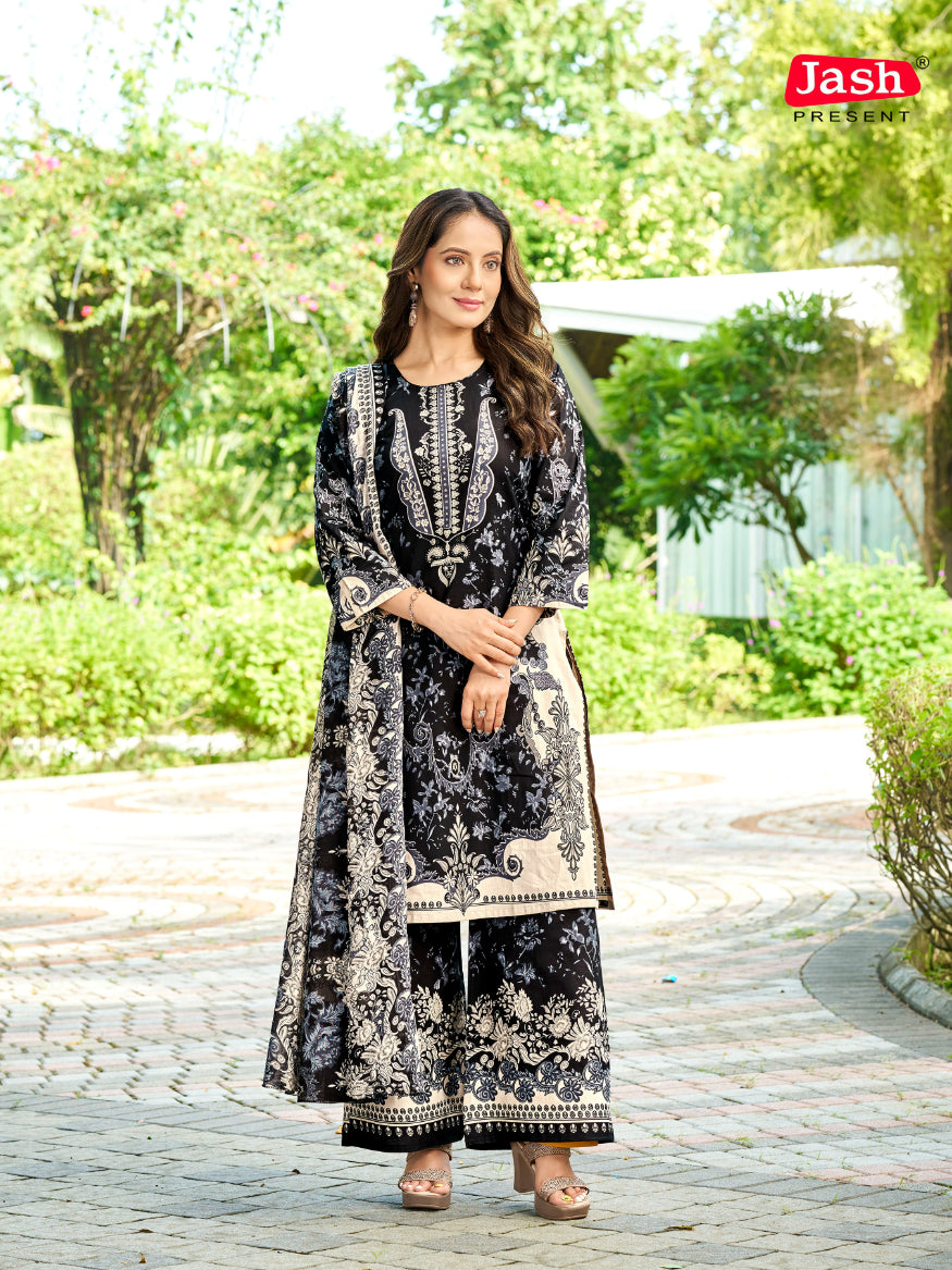 Black Floral Kurta Palazzo Set with Dupatta