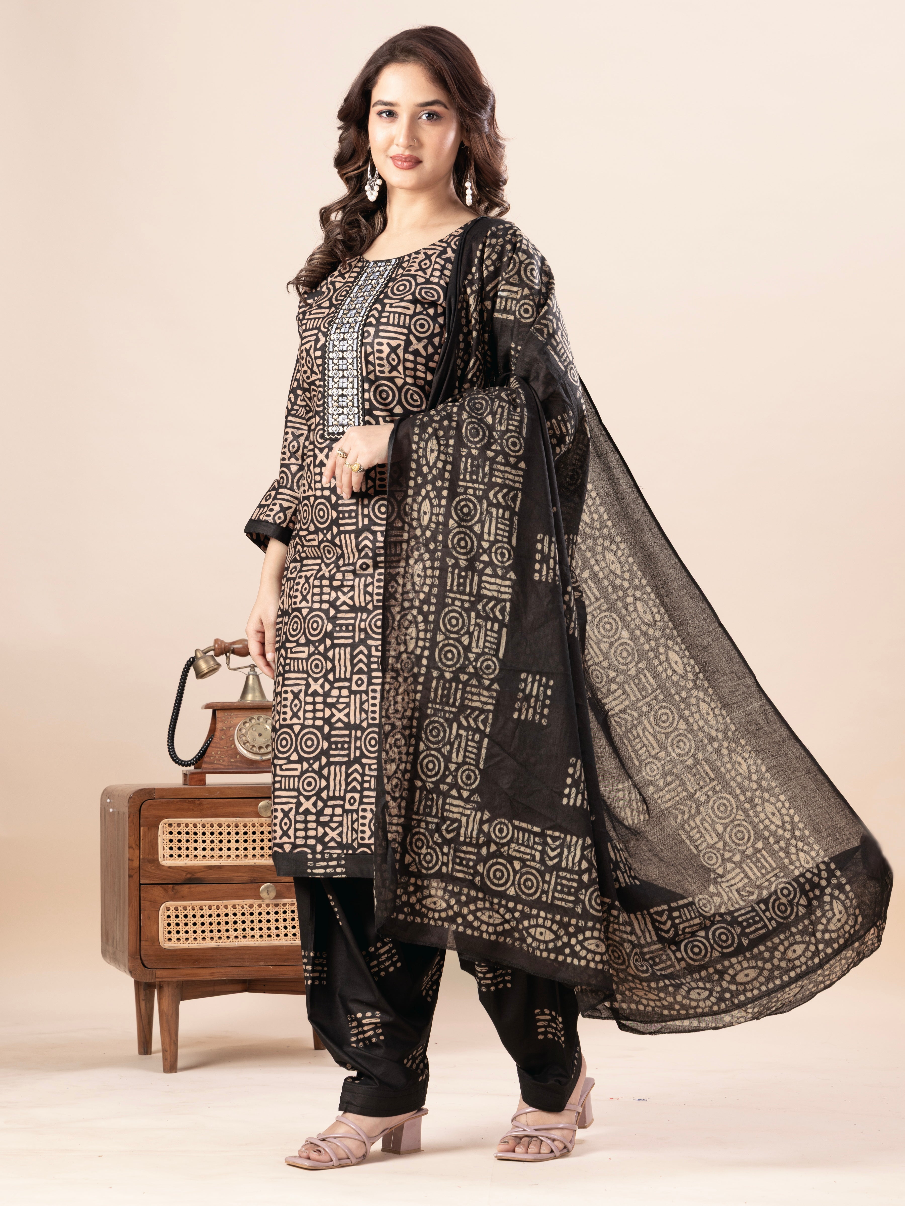 Black Tribal Print Patiala Suit Set