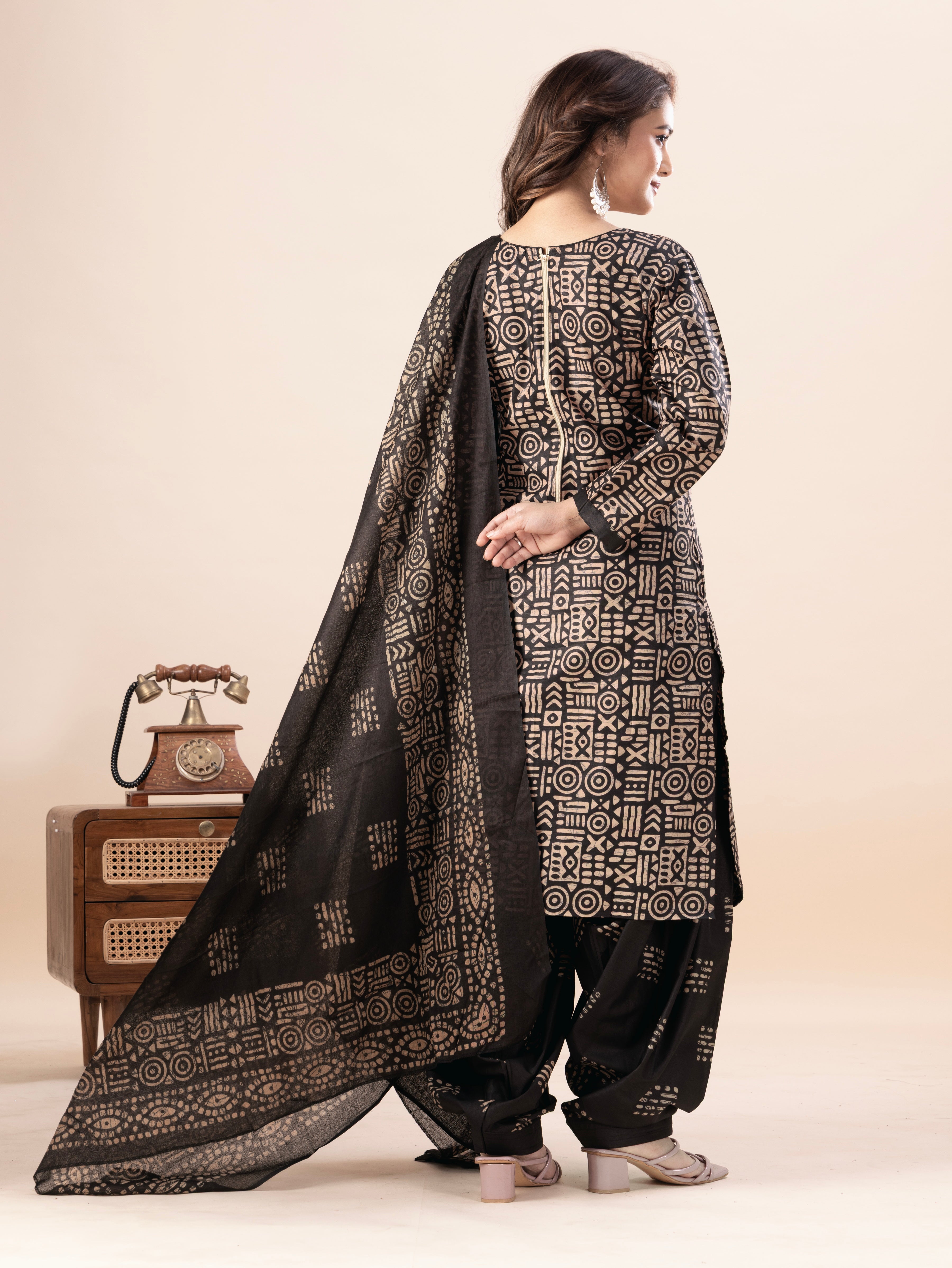 Black Tribal Print Patiala Suit Set