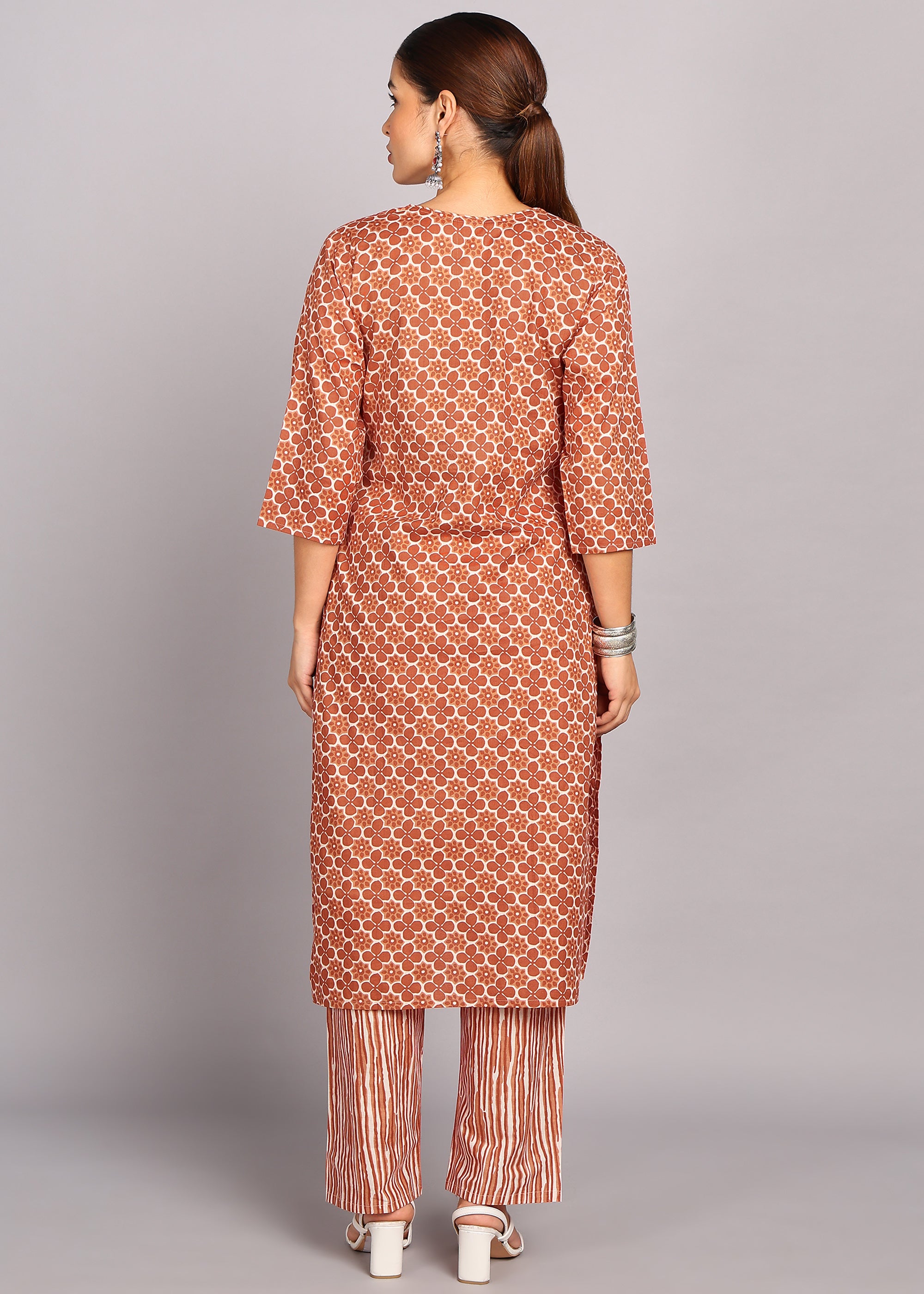 Brown Floral Printed Kurta Set
