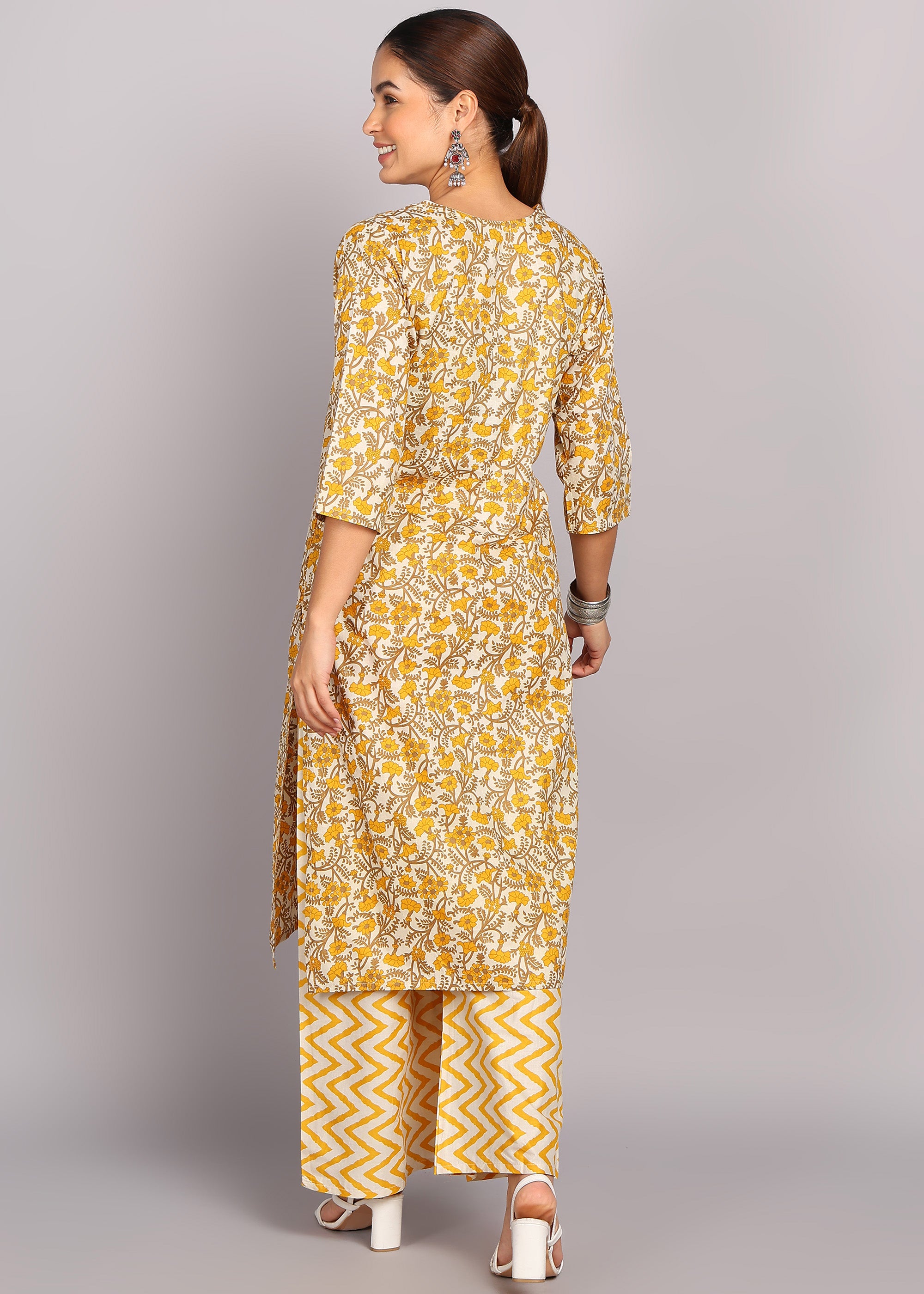 Mustard Floral Printed Kurta Set