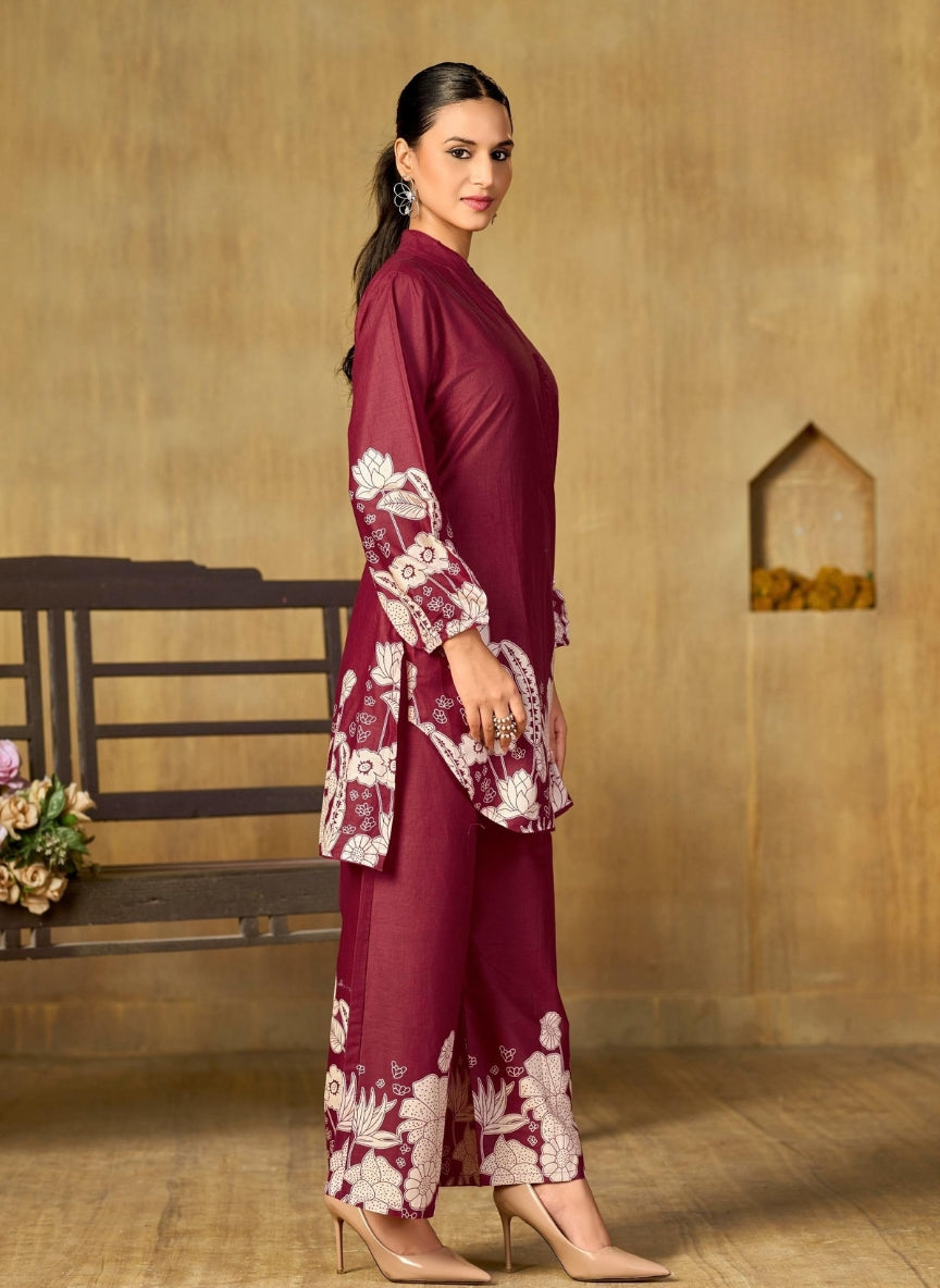 Wine Floral Printed Coord Set