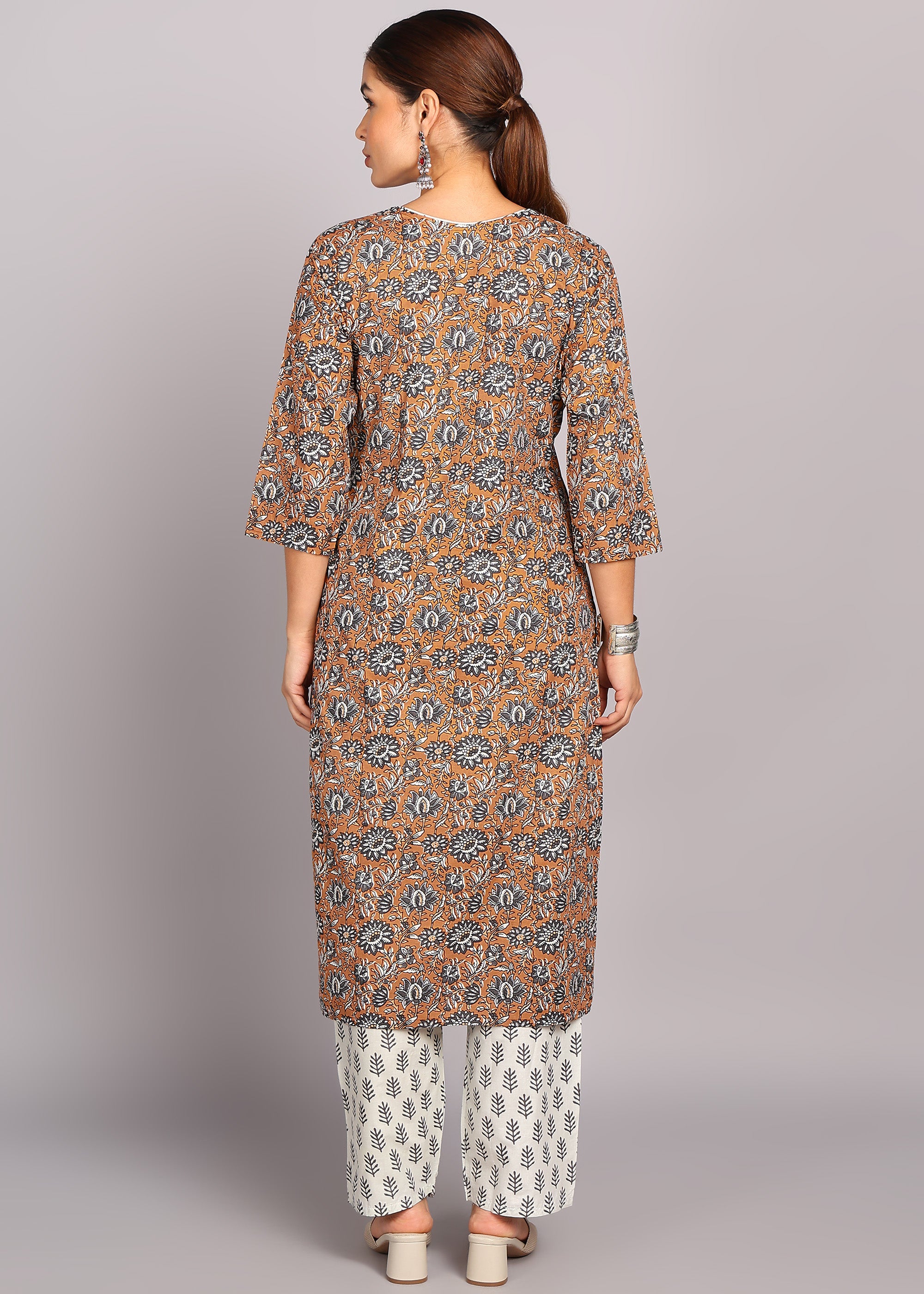 Brown Floral Printed Kurta Set