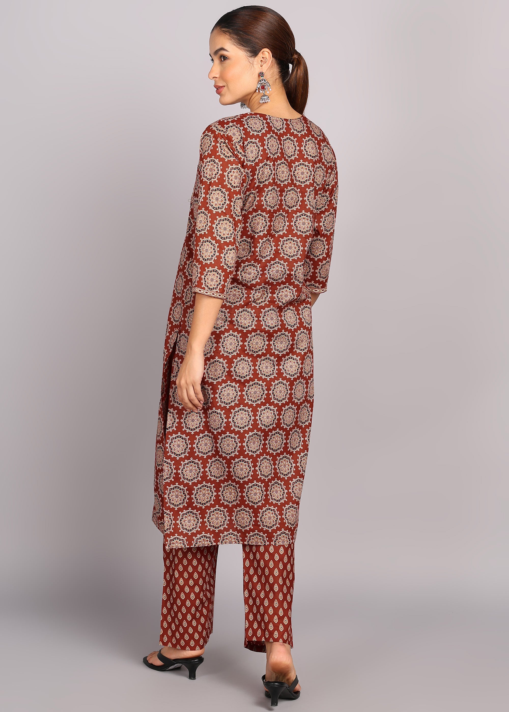 Rust Brown Printed Kurta Set with Dupatta