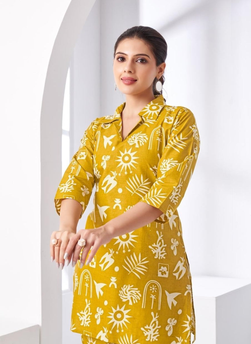 Mustard Yellow Abstract Printed Women Coord Set