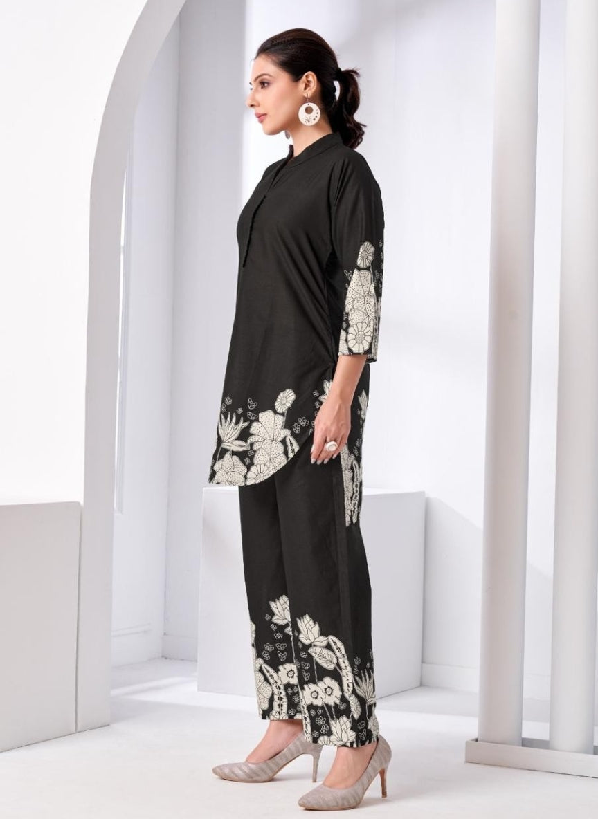 Black Floral Printed Women Coord Set
