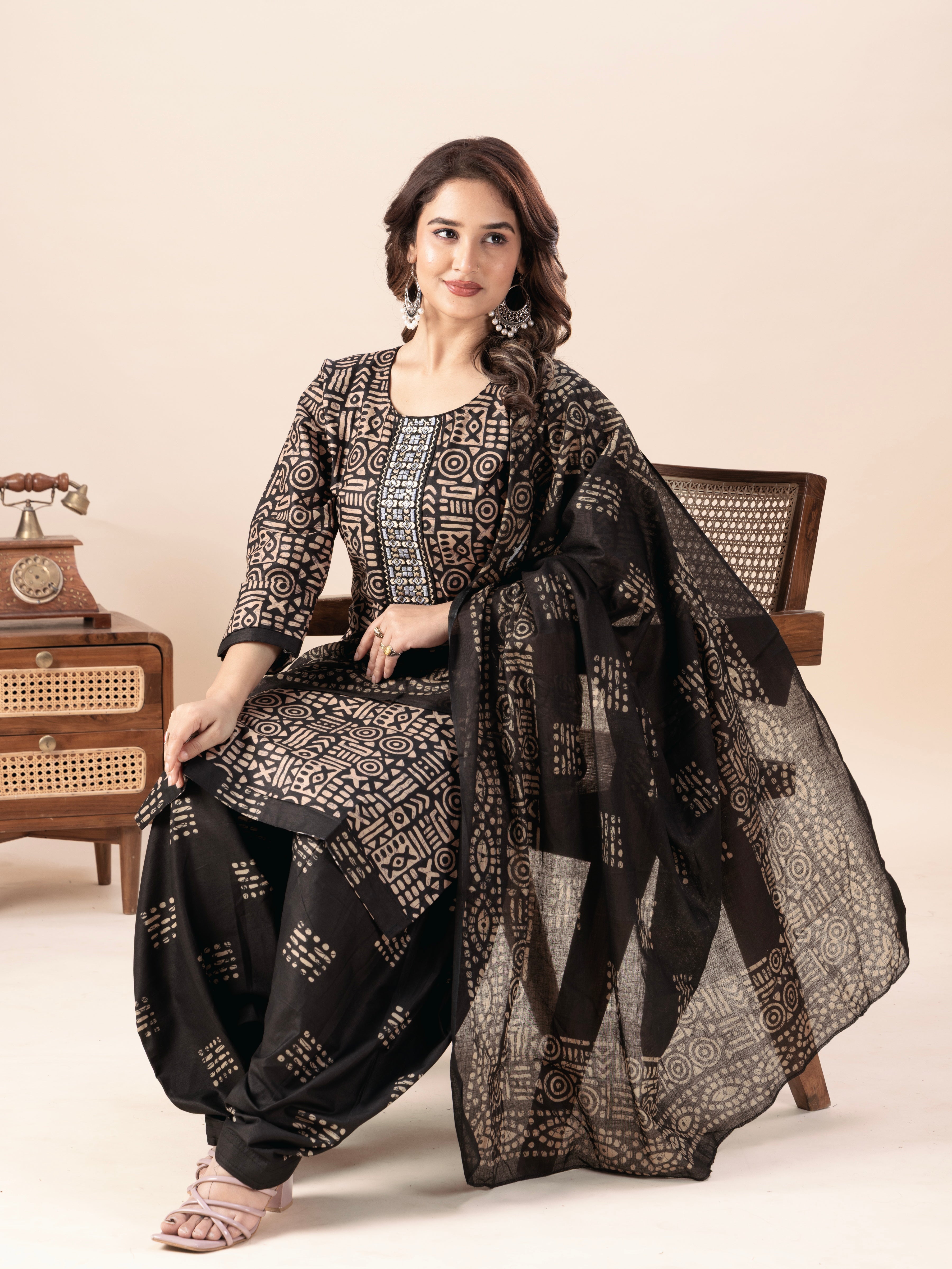 Black Tribal Print Patiala Suit Set