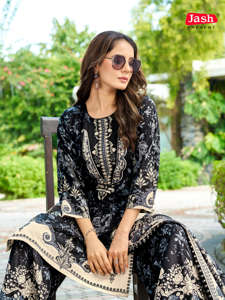 Black Floral Kurta Palazzo Set with Dupatta