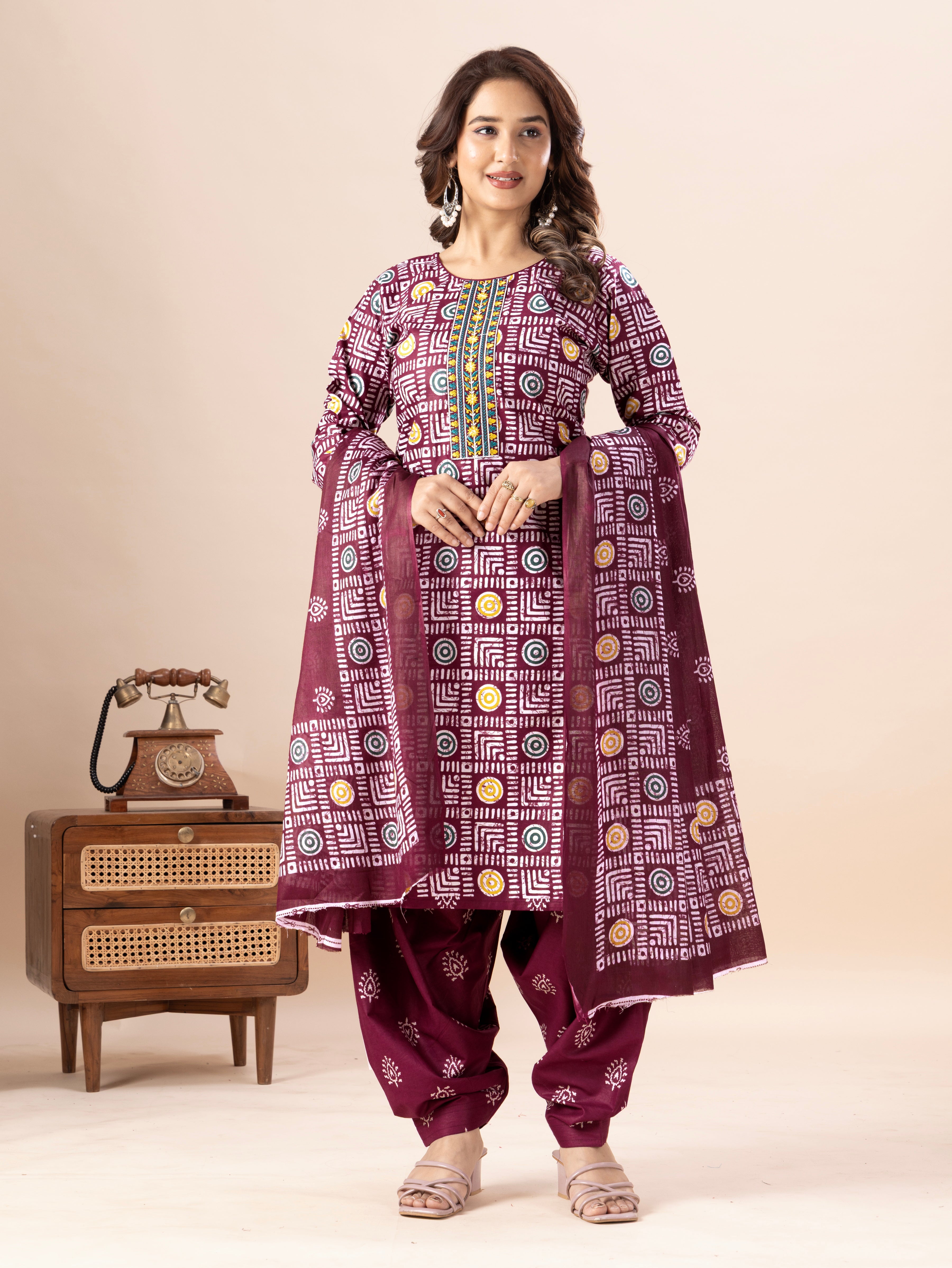 Maroon Geometric Print Patiala Suit Set