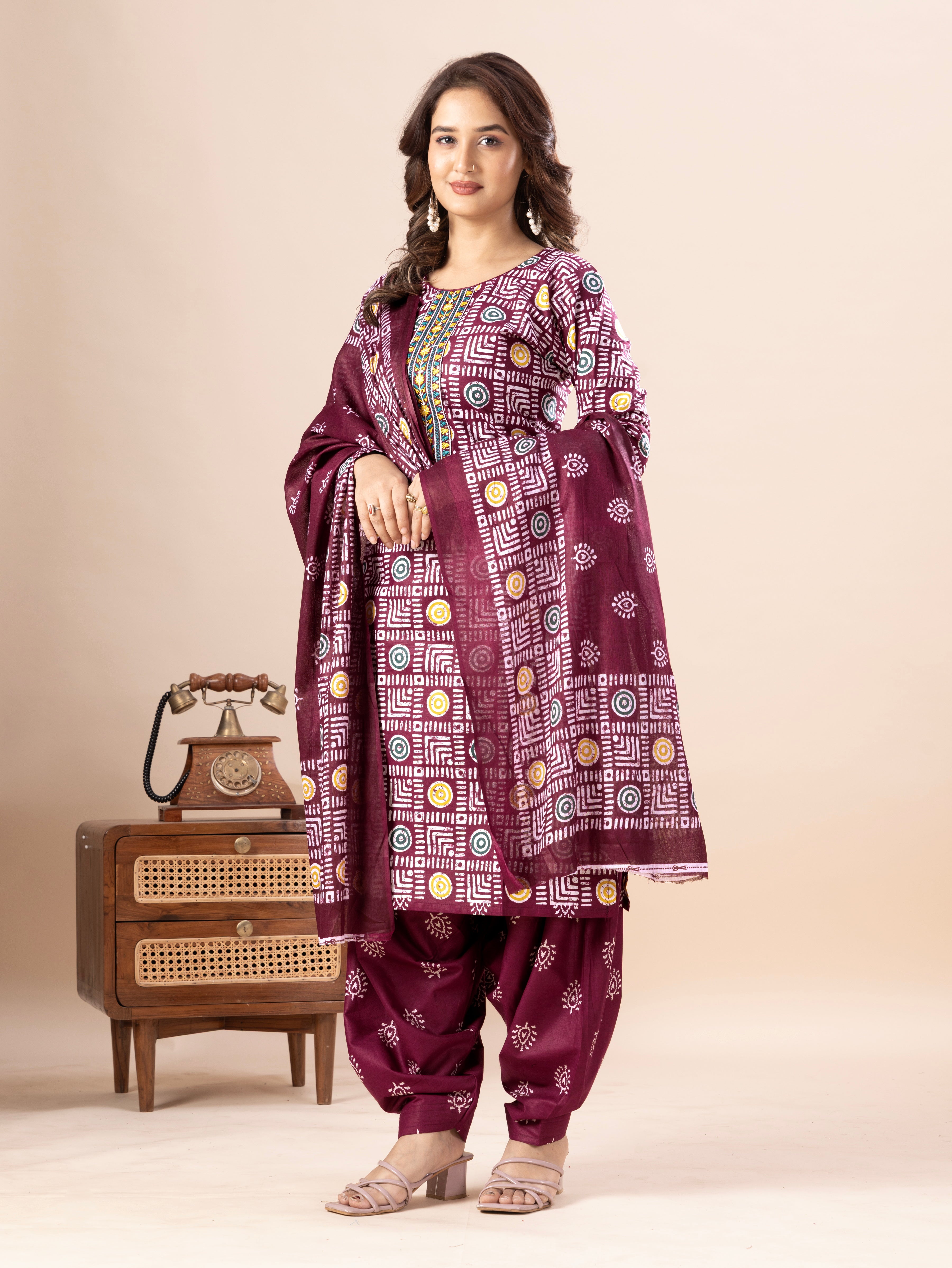 Maroon Geometric Print Patiala Suit Set