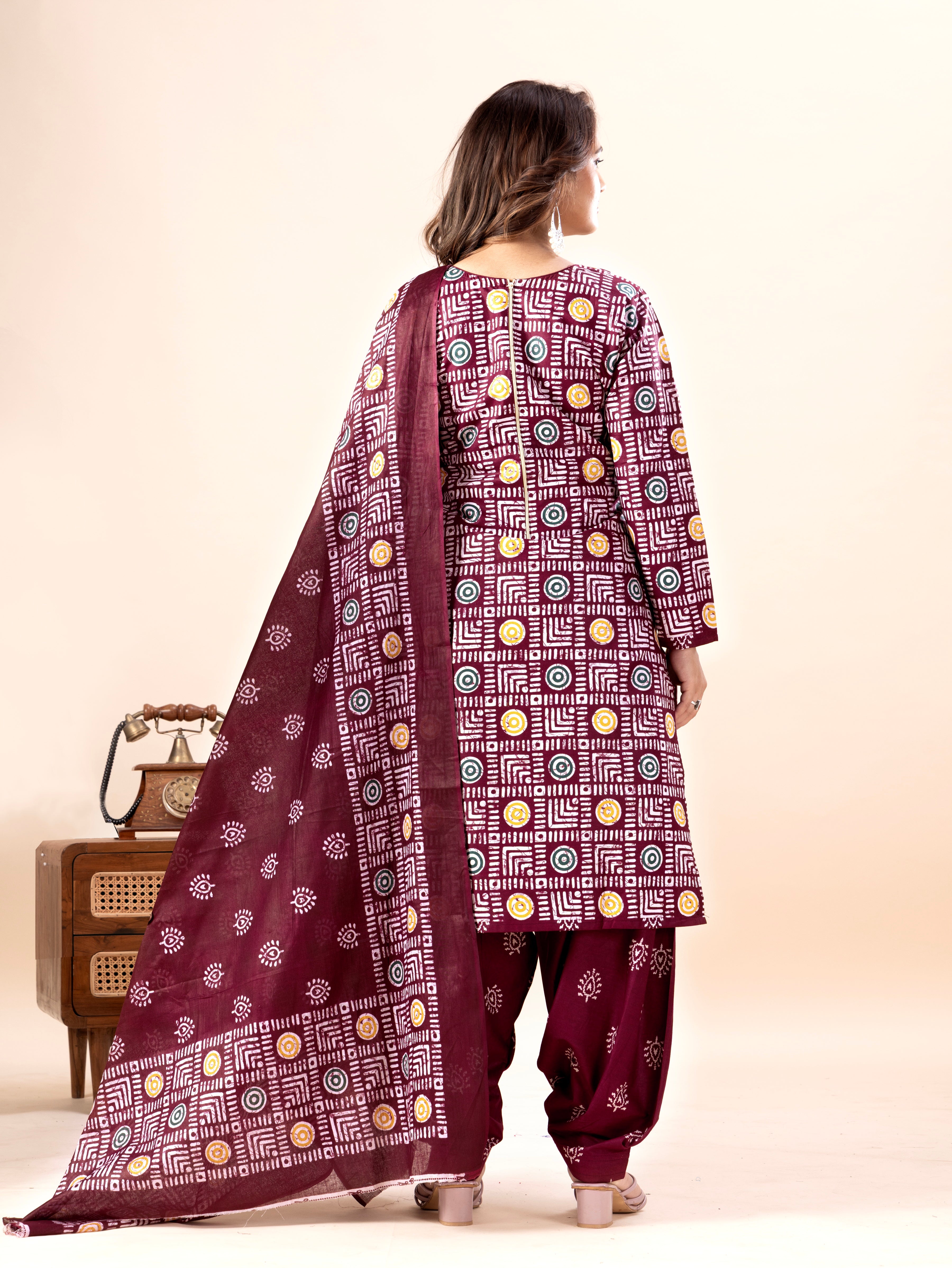 Maroon Geometric Print Patiala Suit Set