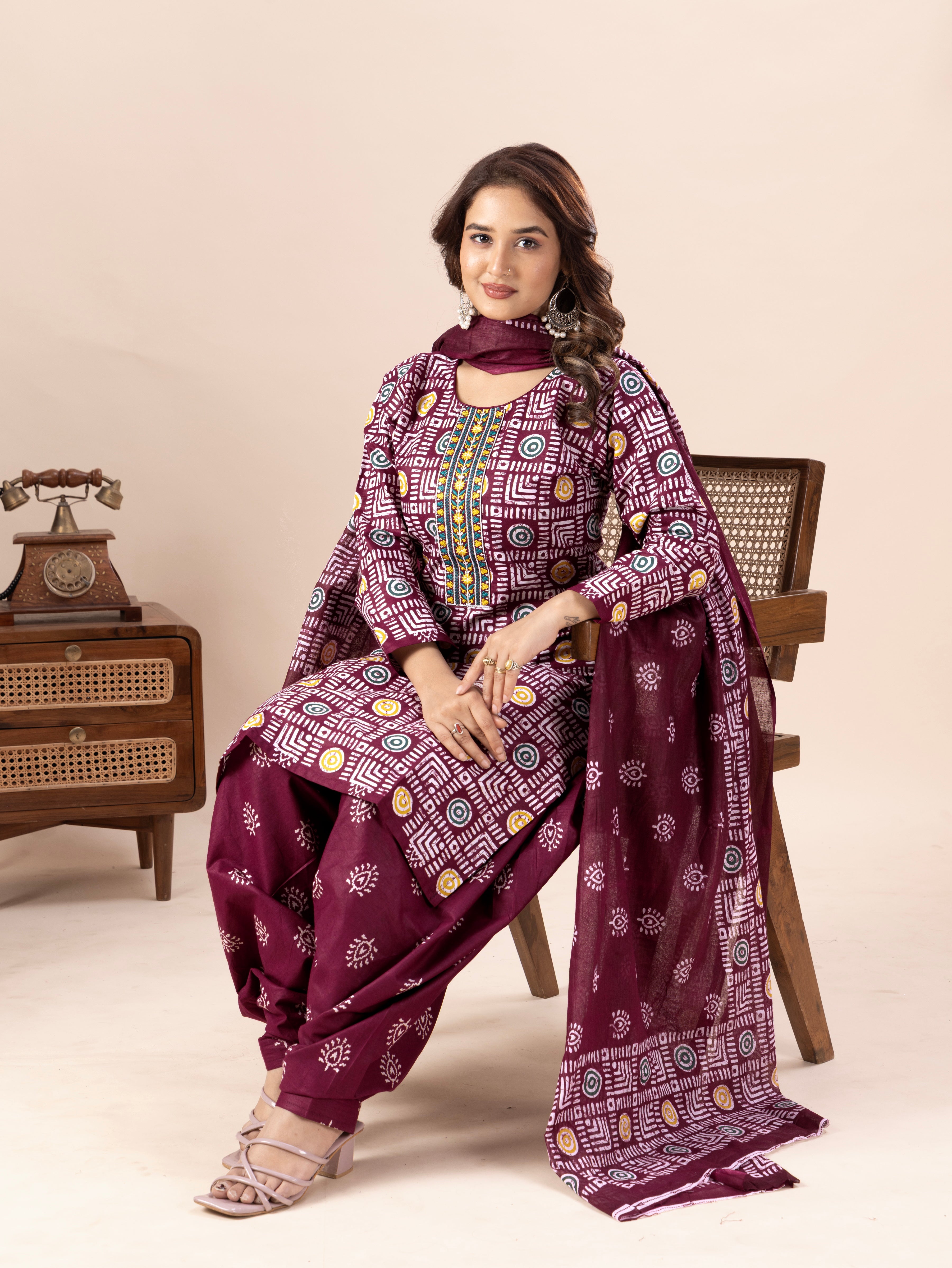 Maroon Geometric Print Patiala Suit Set