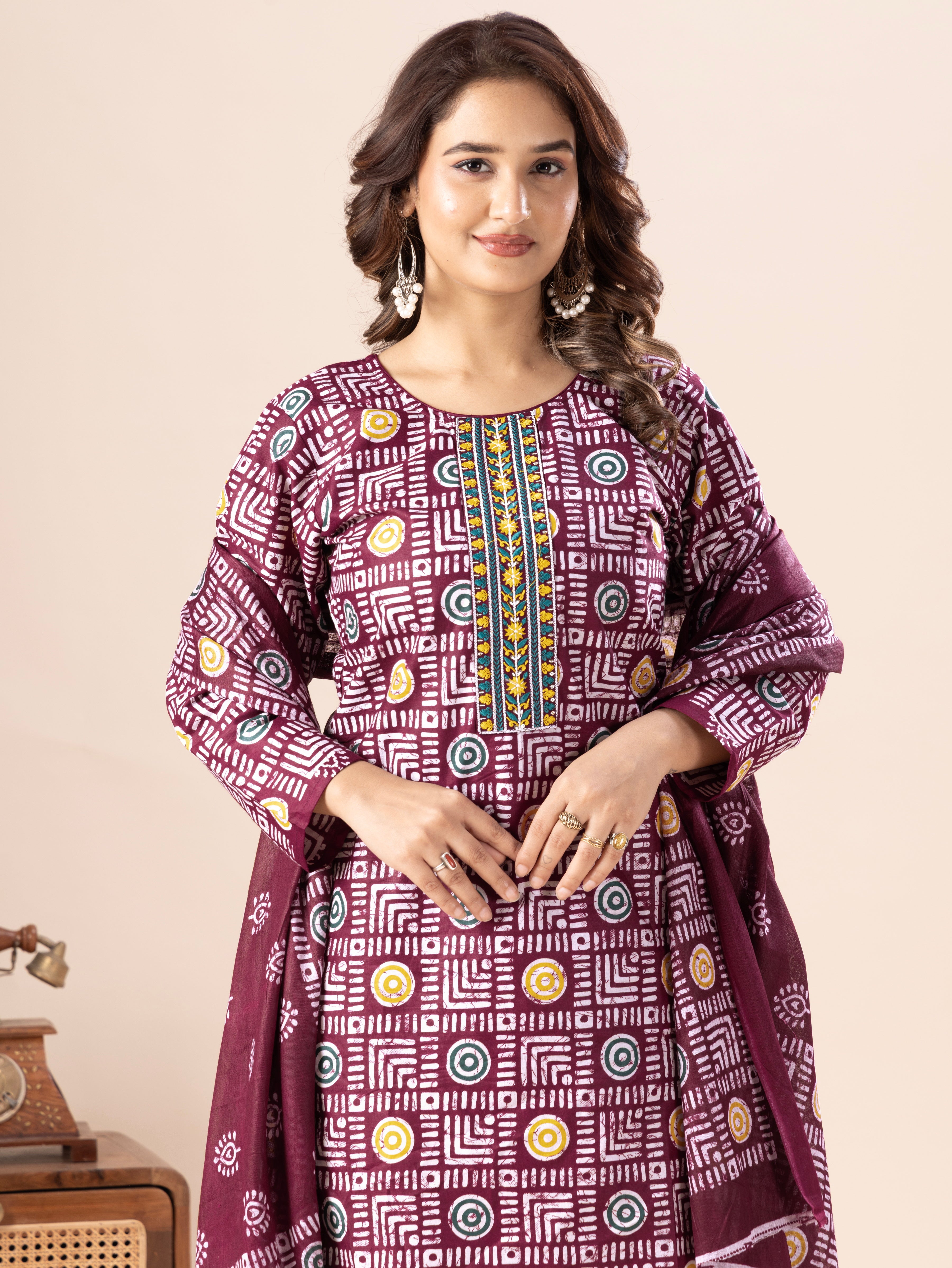 Maroon Geometric Print Patiala Suit Set