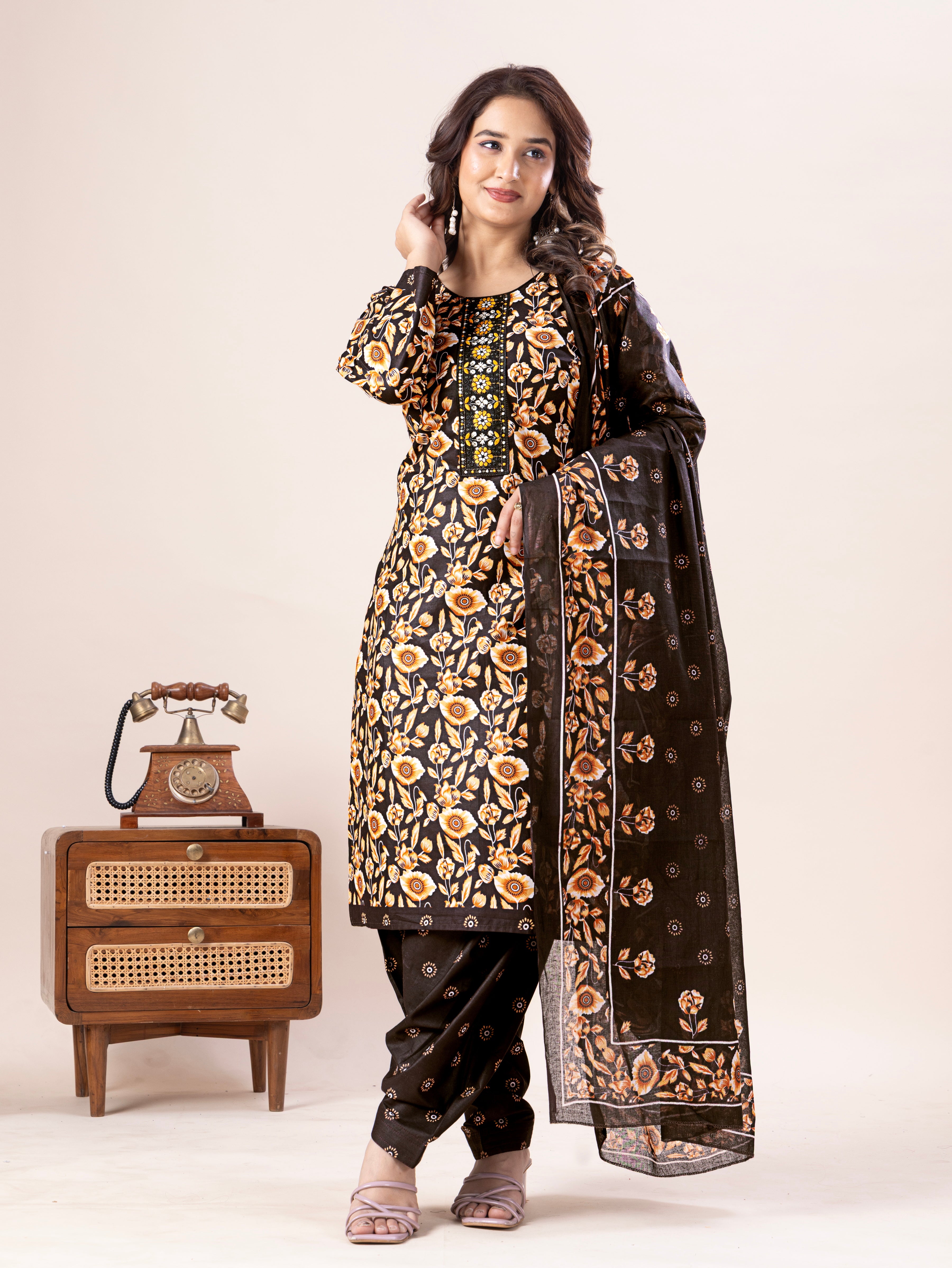 Brown Floral Print Patiala Suit Set