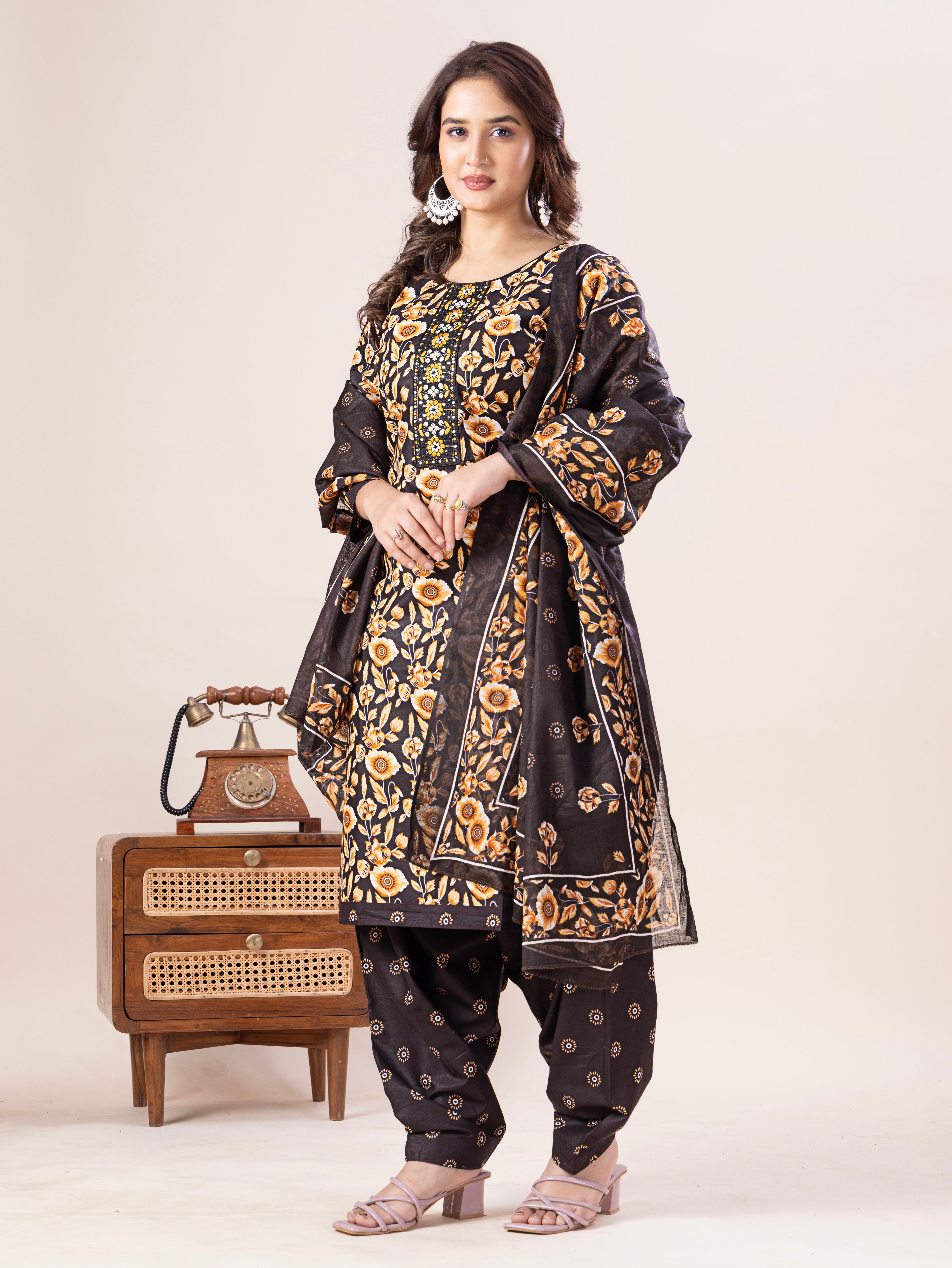 Brown Floral Print Patiala Suit Set