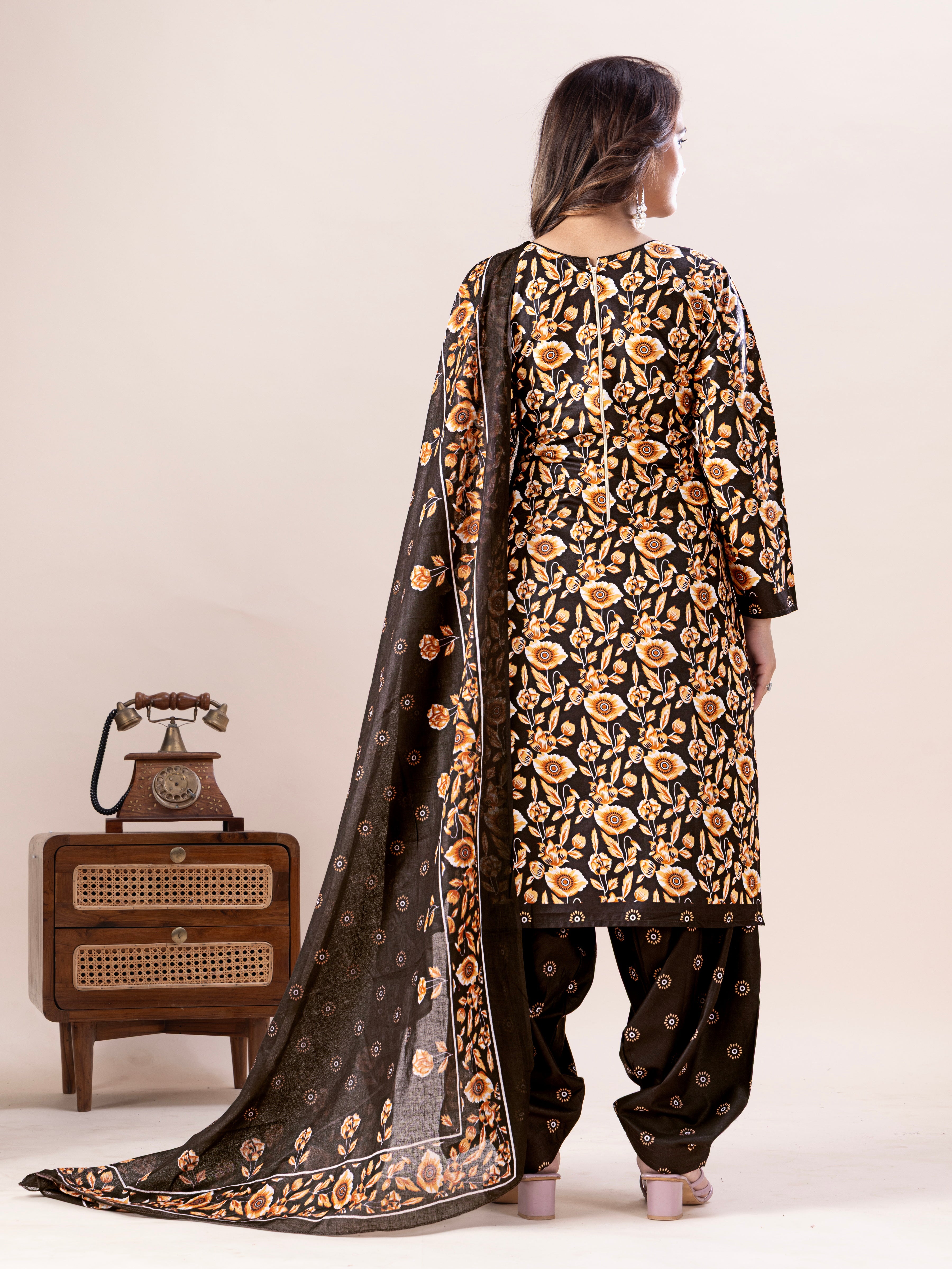Brown Floral Print Patiala Suit Set