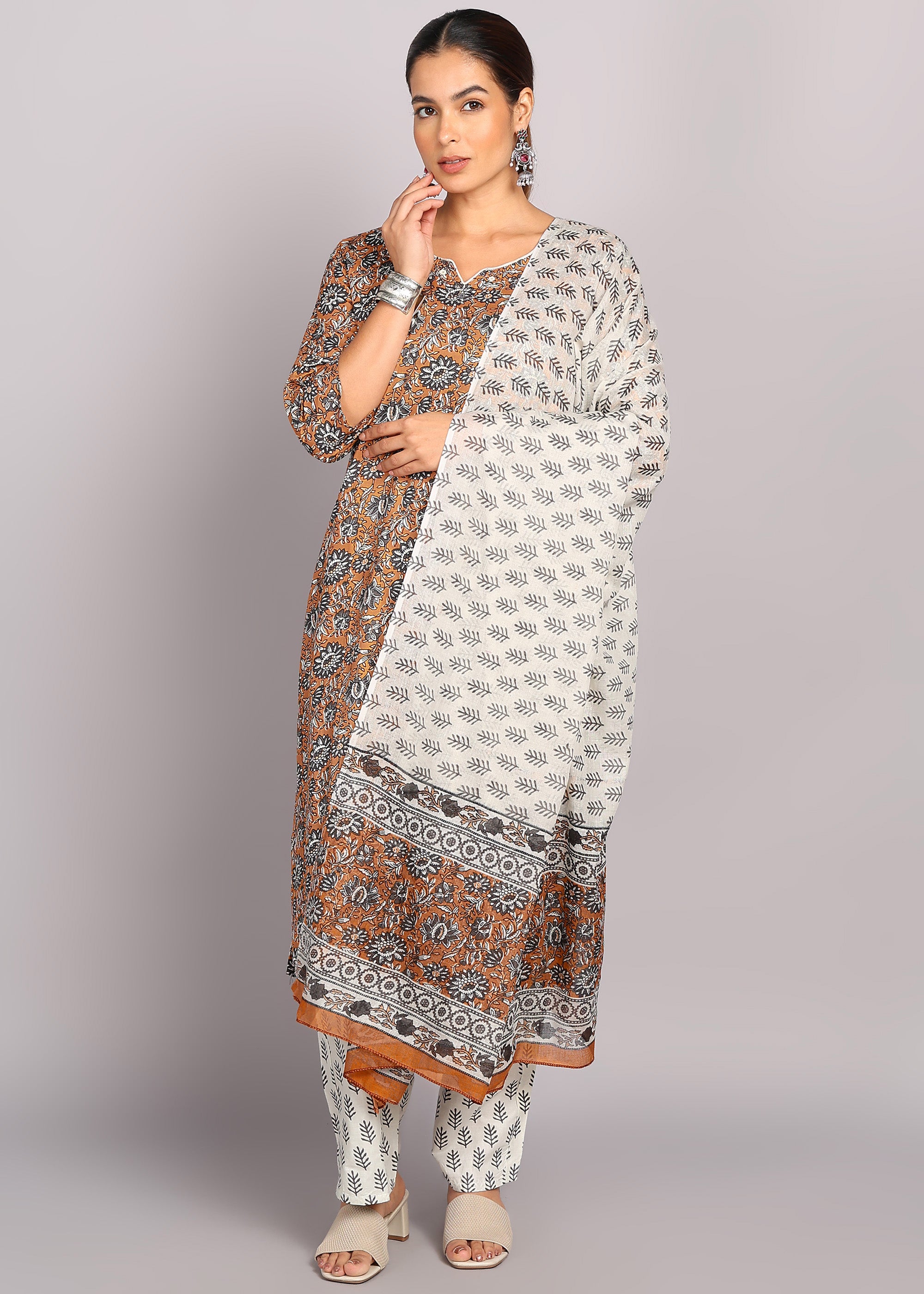 Brown Floral Printed Kurta Set