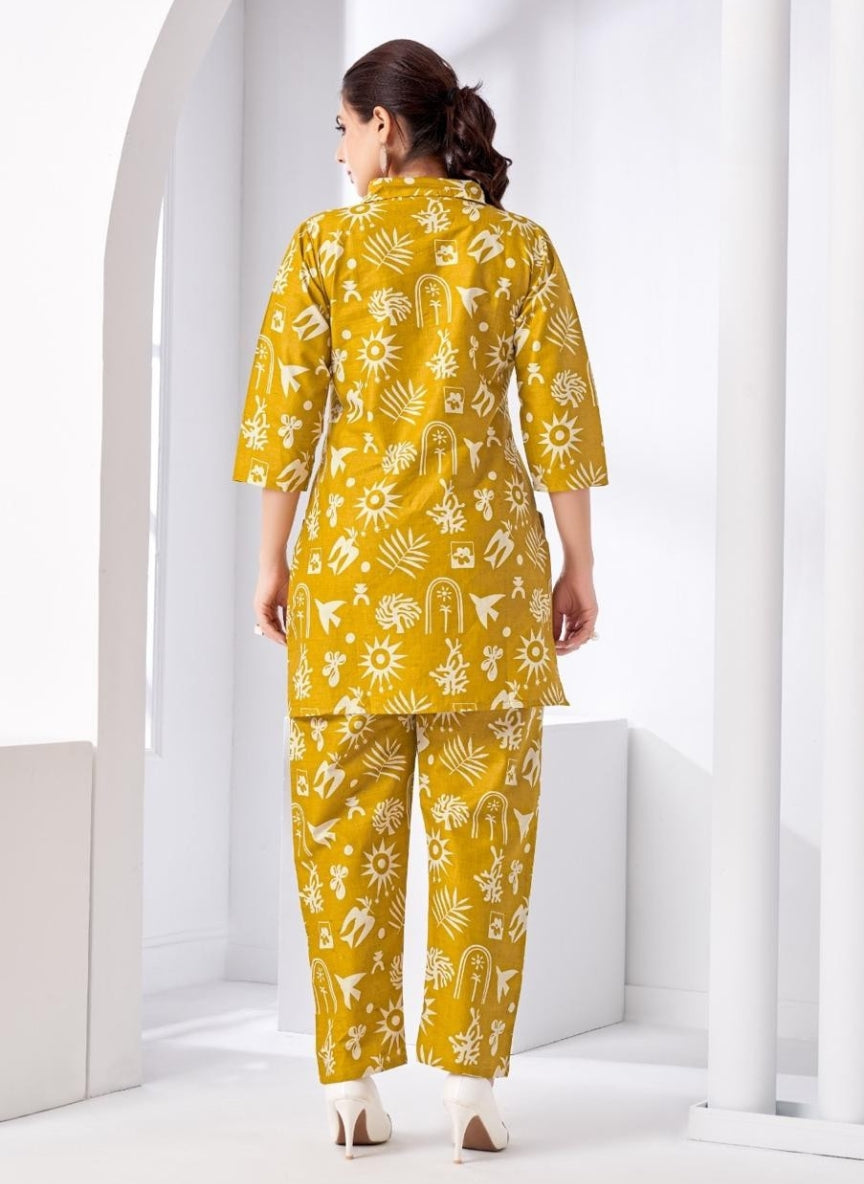 Mustard Yellow Abstract Printed Women Coord Set