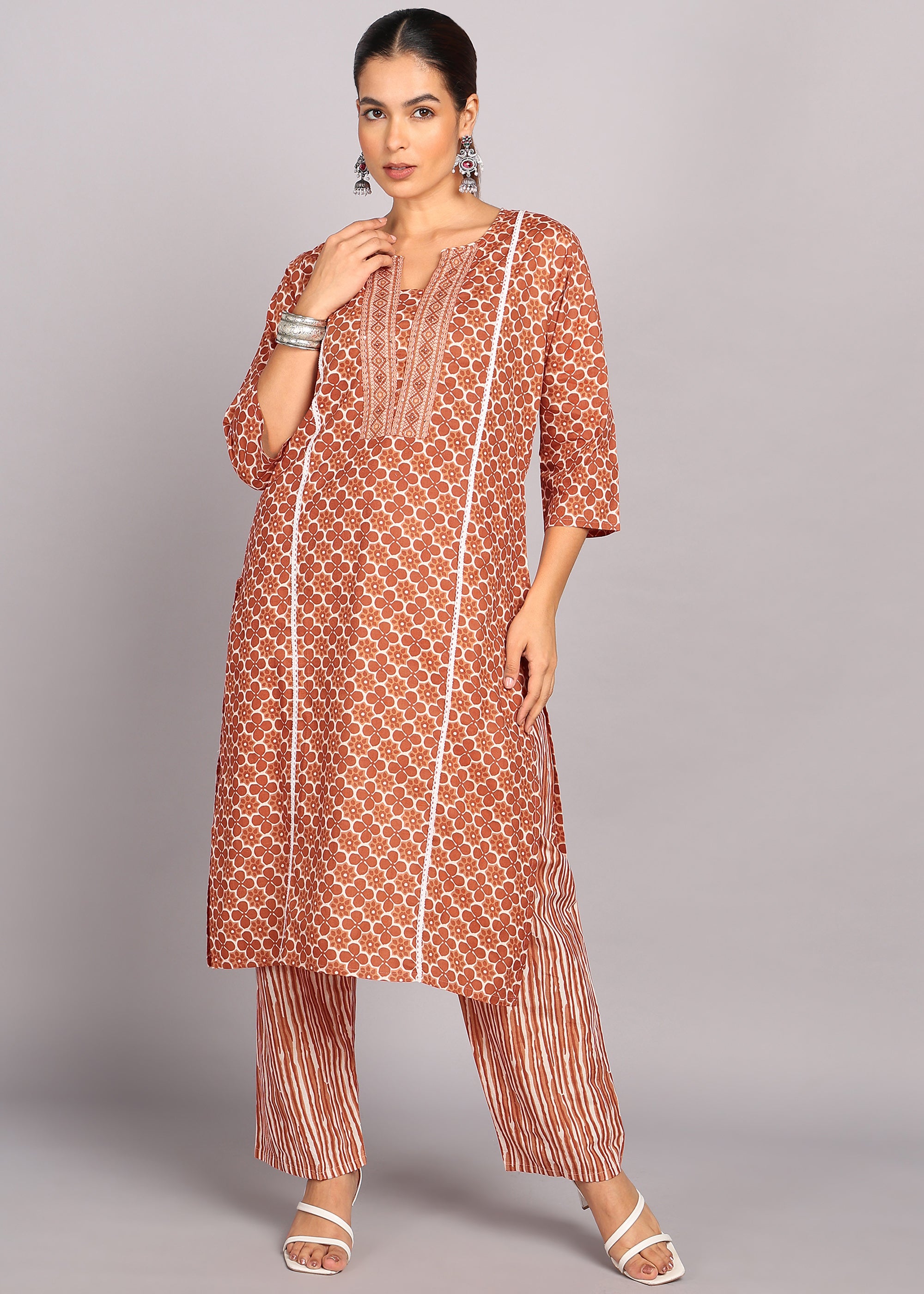 Brown Floral Printed Kurta Set