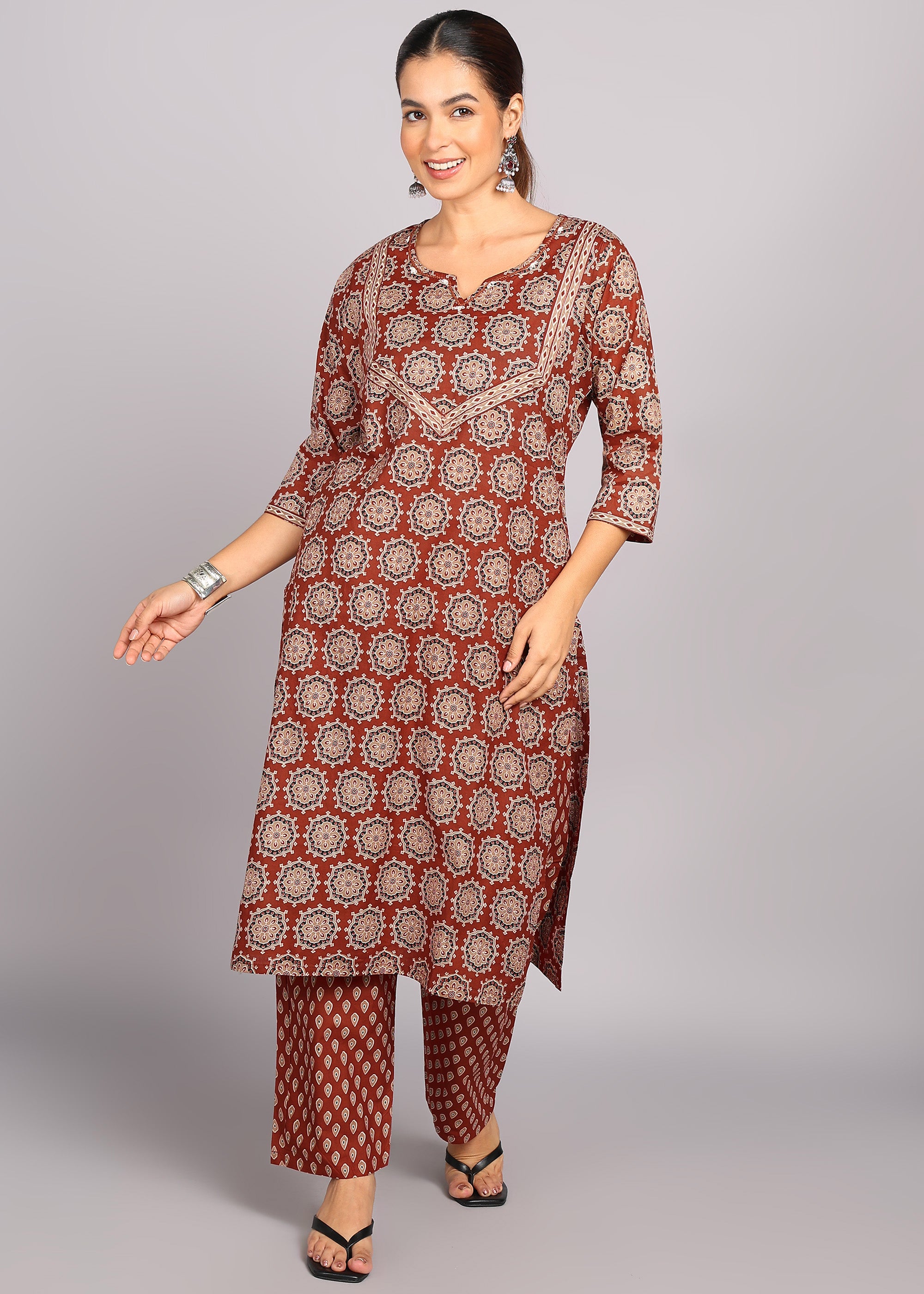 Rust Brown Printed Kurta Set with Dupatta