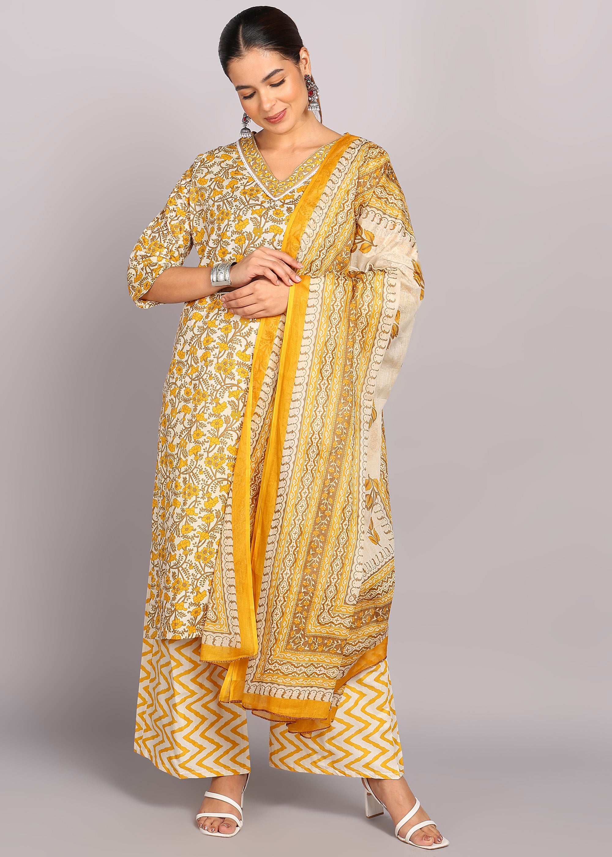 Mustard Floral Printed Kurta Set