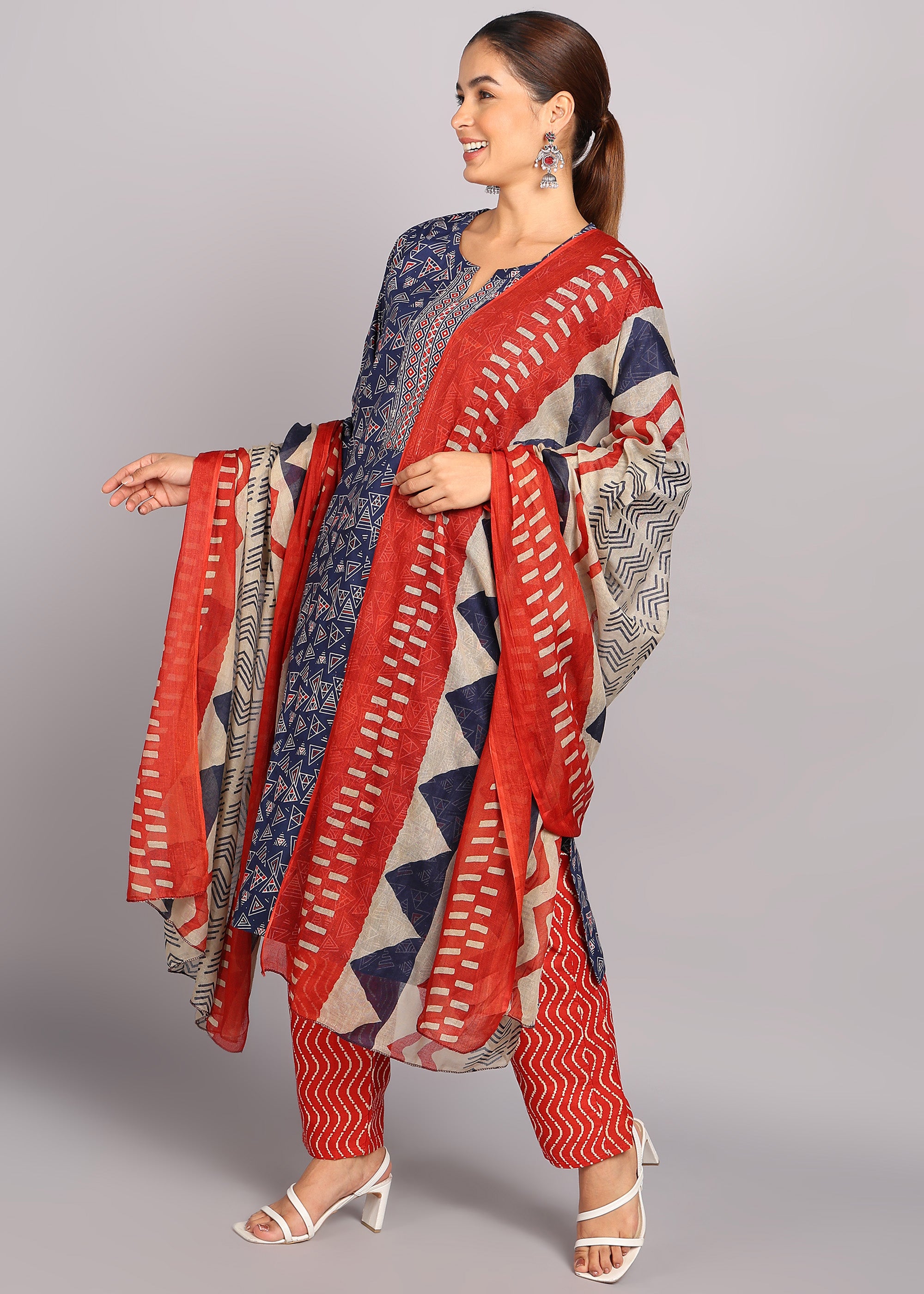 Navy Blue Geometric Kurta Set